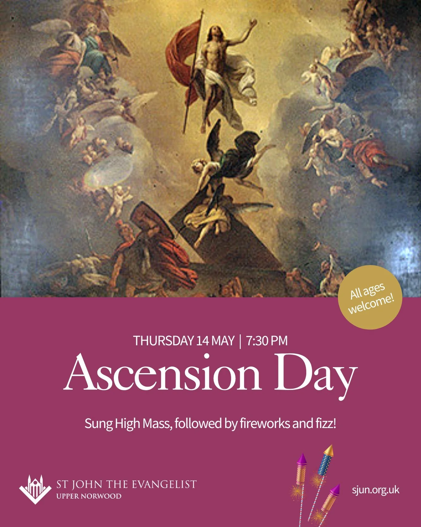 Dear Neighbours, it&rsquo;s Ascension Day! 🎉 

Join us tonight as we gather for a Sung High Mass at 7:30 PM, a reverent and uplifting service, followed by a dazzling fireworks display and fizz in the meadow to mark the joy of the occasion.

Our serv
