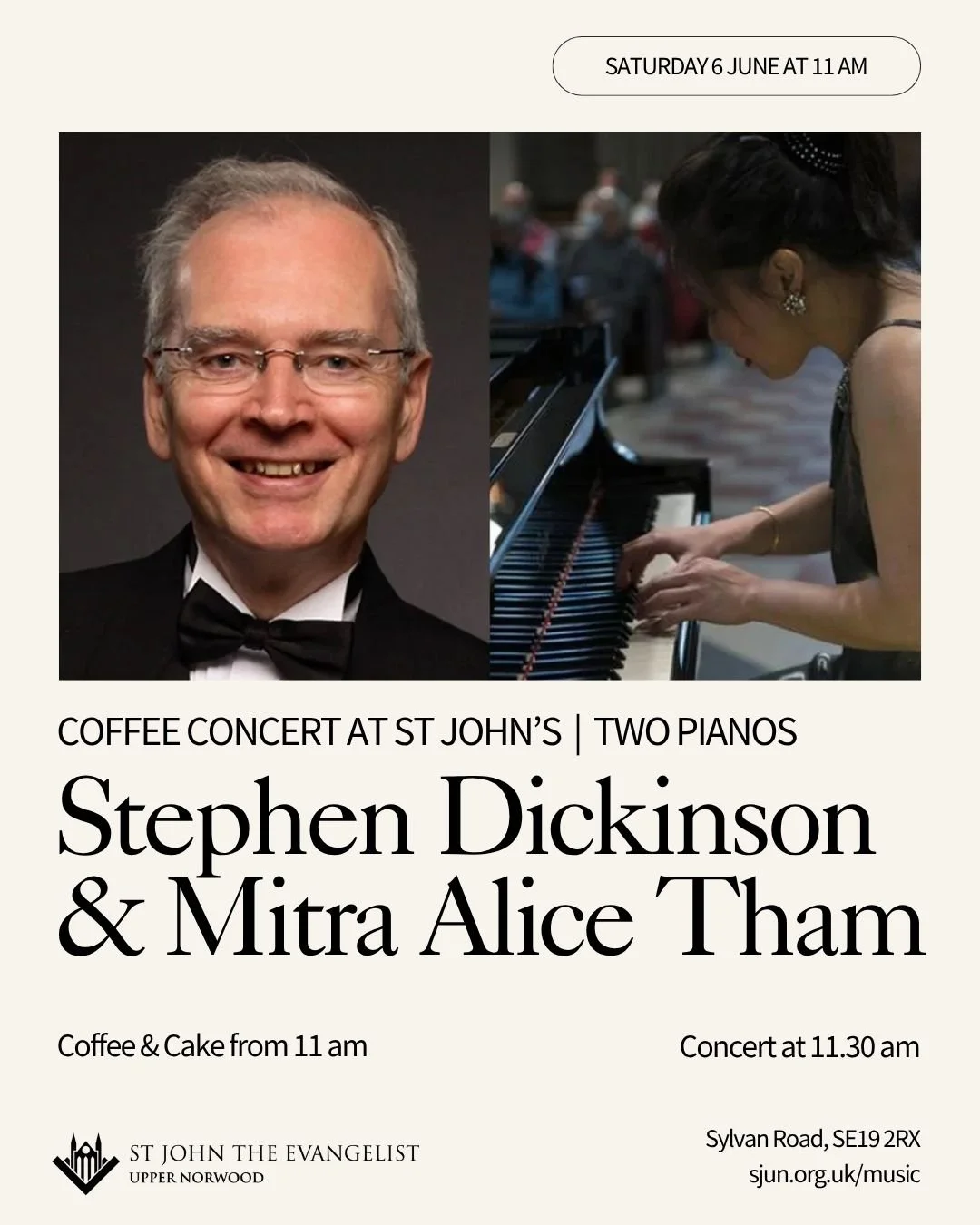 ☕Save the date of our next Coffee Concert! Coming up next month, join us on Saturday, 6th June for a very special morning of music &mdash; Two Pianos with Stephen Dickinson &amp; Mitra Alice Tham. 🎹🎹�

Coffee and cakes from 11am, with the music sta