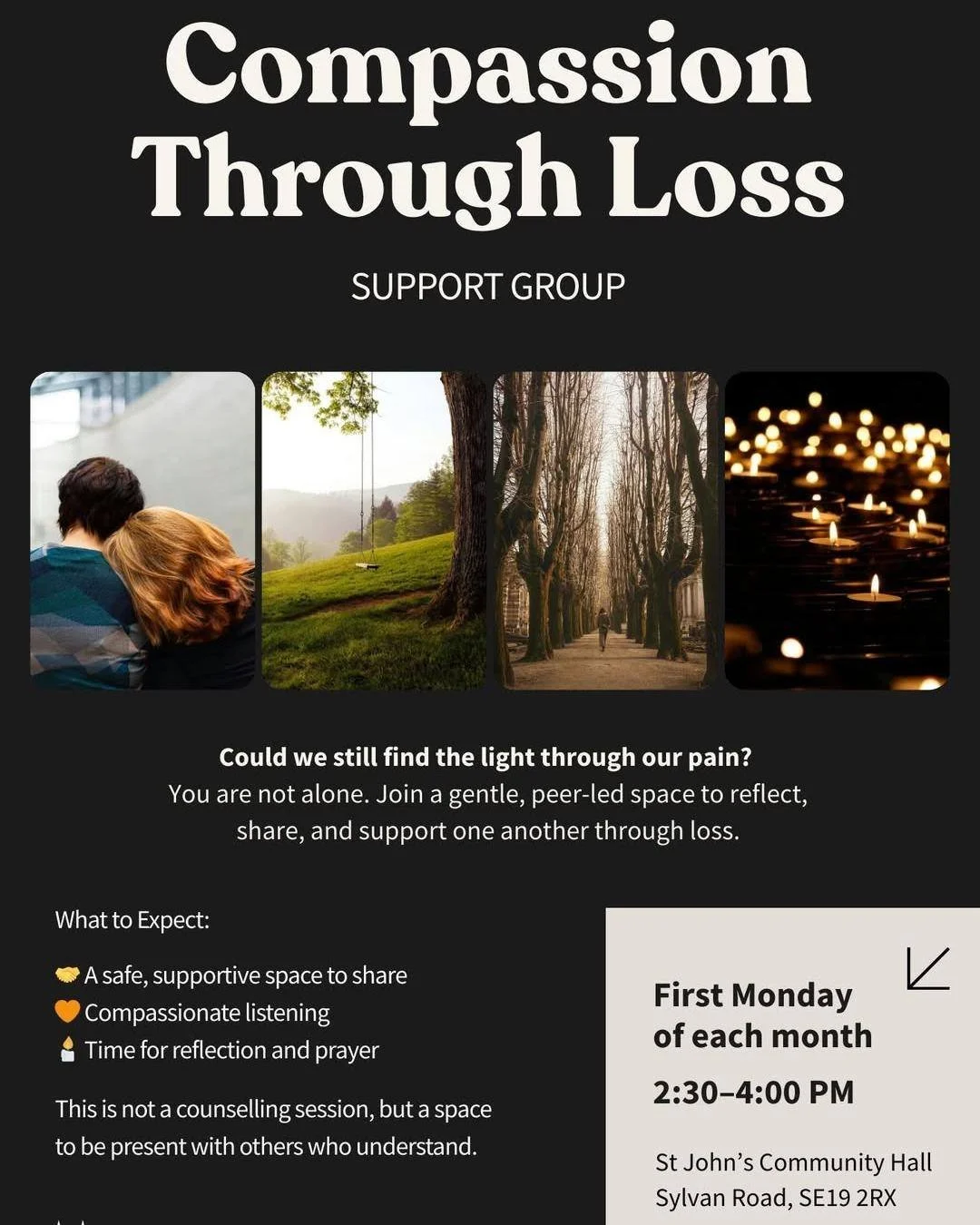Nobody should grieve alone. 💙

Compassion Through Loss brings people together in a gentle, peer-led space to share, listen, and support one another through life's hardest moments.

📅 Monday 1 June, and every first Monday of the month | 2:30&ndash;4