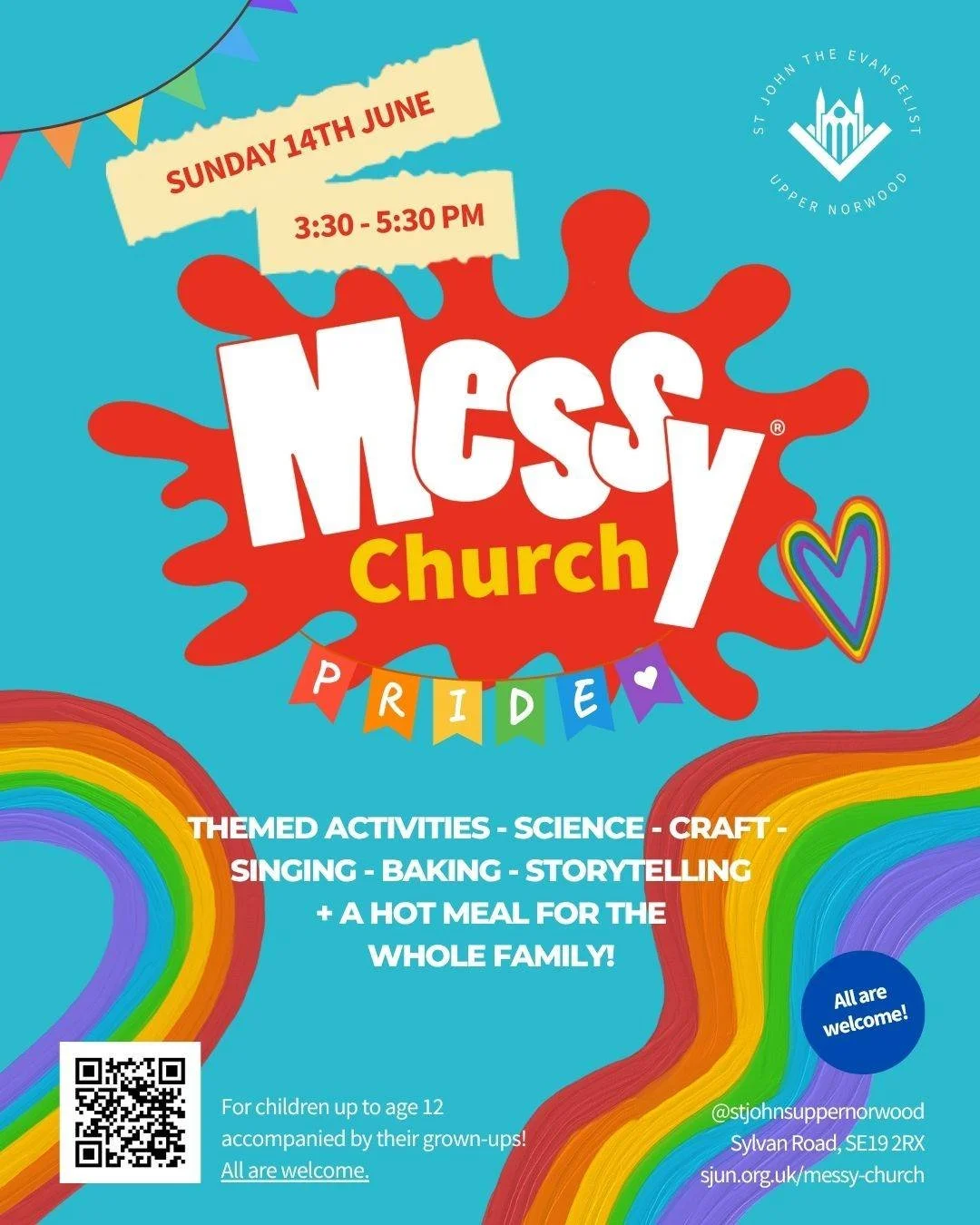 Two weeks to go! 🌈

Messy Church Special: Pride! is on Sunday 14 June, 3:30&ndash;5:30 PM, and we can't wait to welcome you.

Expect an afternoon full of creativity and fun: baking 🍰, crafts, messy experiments, games, storytelling, singing, and a d