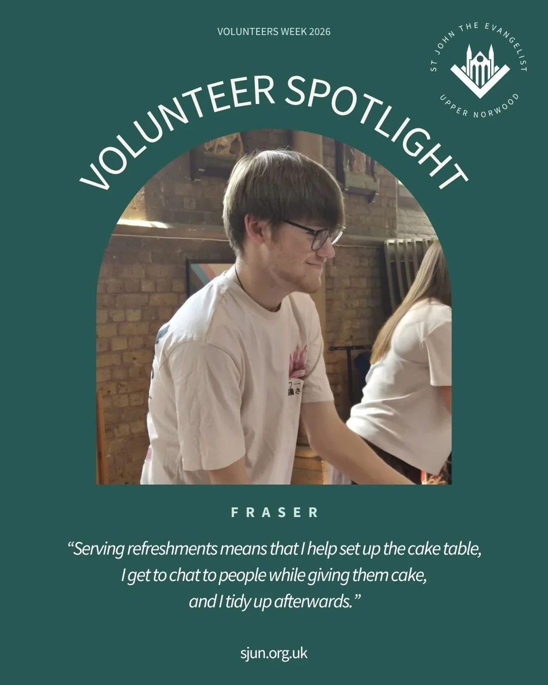 ✨ Volunteer spotlight: Meet Fraser 💛

Fraser helps with refreshments after Mass, welcomes people at the door, and has thrown himself into Messy Church, Christmas events, and The Hub. He's one of our younger volunteers, working towards his Duke of Ed