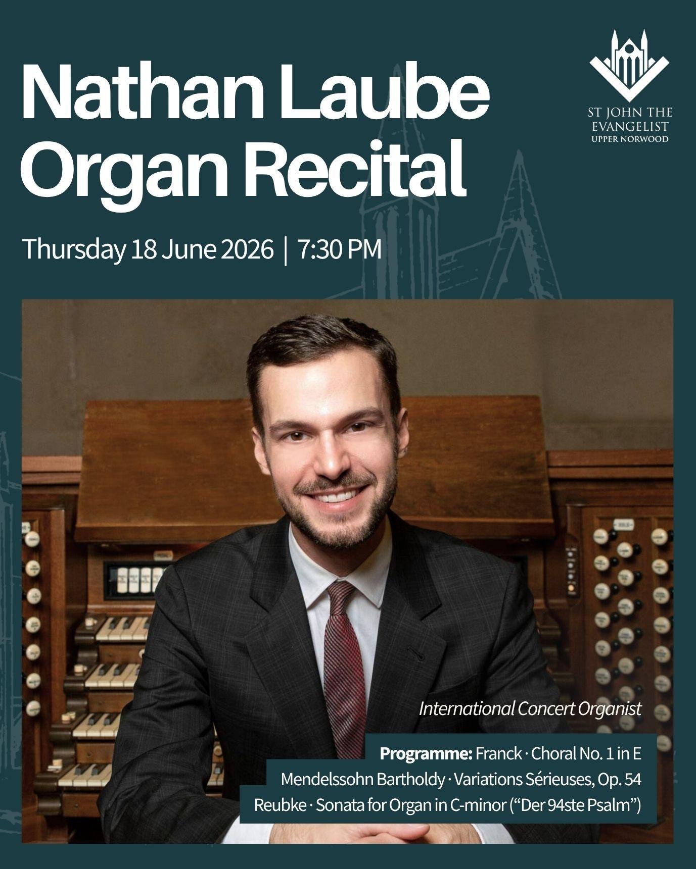 One week to go! 🎶

We're so thrilled to welcome internationally acclaimed concert organist Nathan Laube for an Organ recital on Thursday 18th June at 7.30pm at St John's, Upper Norwood!

A Grammy Award-winning artist who has performed at venues incl