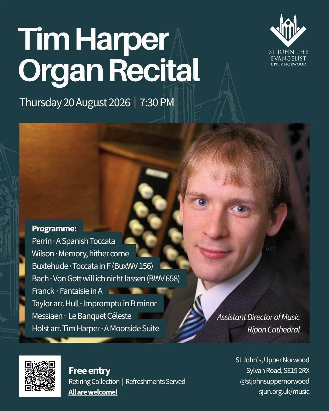 📸🎼 Meet Tim Harper, our organist for this month's concert on Thursday, 20 August at 7:30 PM!

Expect a rich and varied programme, from Buxtehude's Toccata in F and Bach's Von Gott will ich nicht lassen, through to Franck's Fantaisie in A and Messia