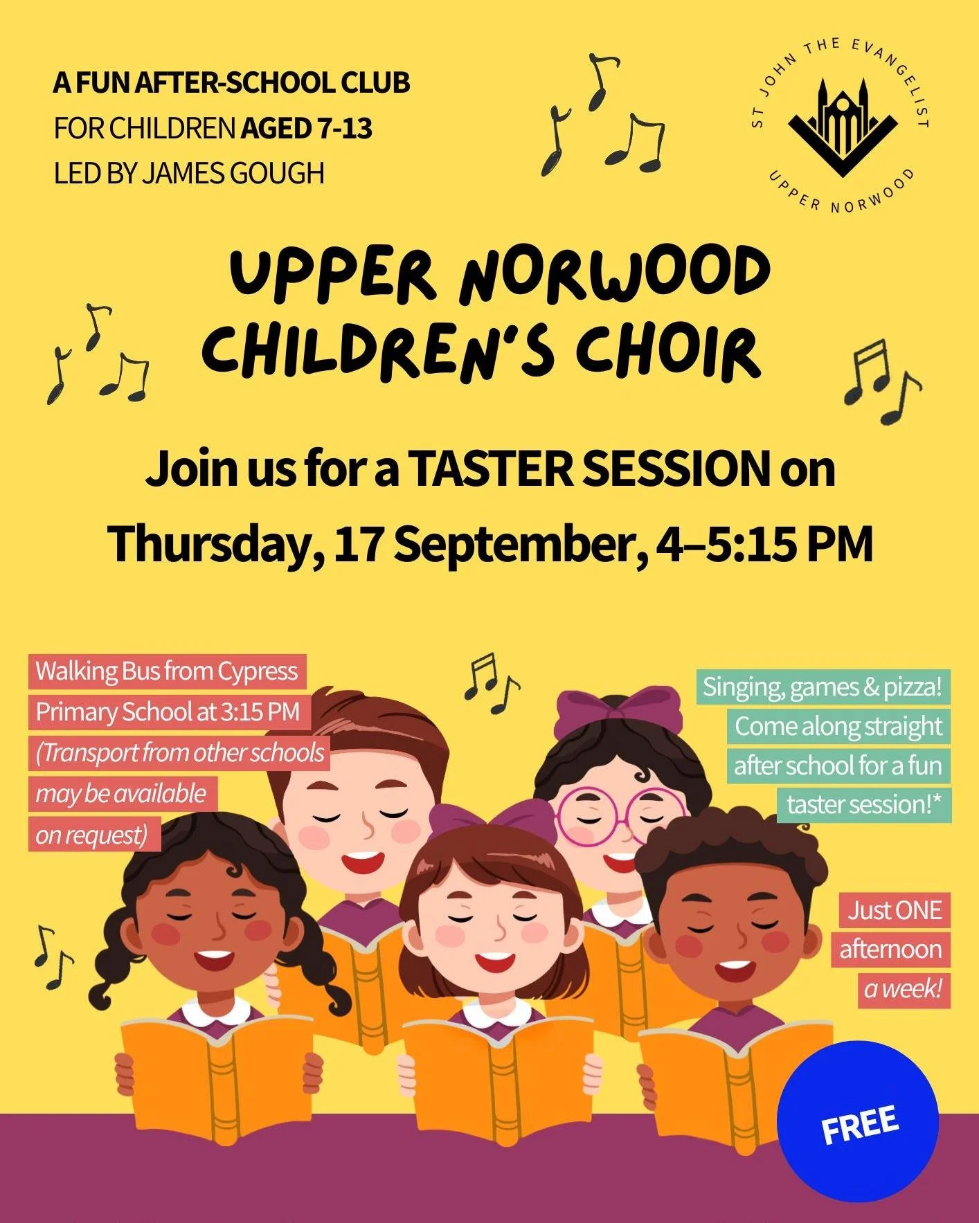🎶 Loves to sing? Come and join us!

Our Children's Choir is back for a new term from this September, one fun afternoon a week, singing, games, and pizza! 🍕 For children ages 7&ndash;13, no experience needed.

📅 Come along to our FREE Taster Sessio