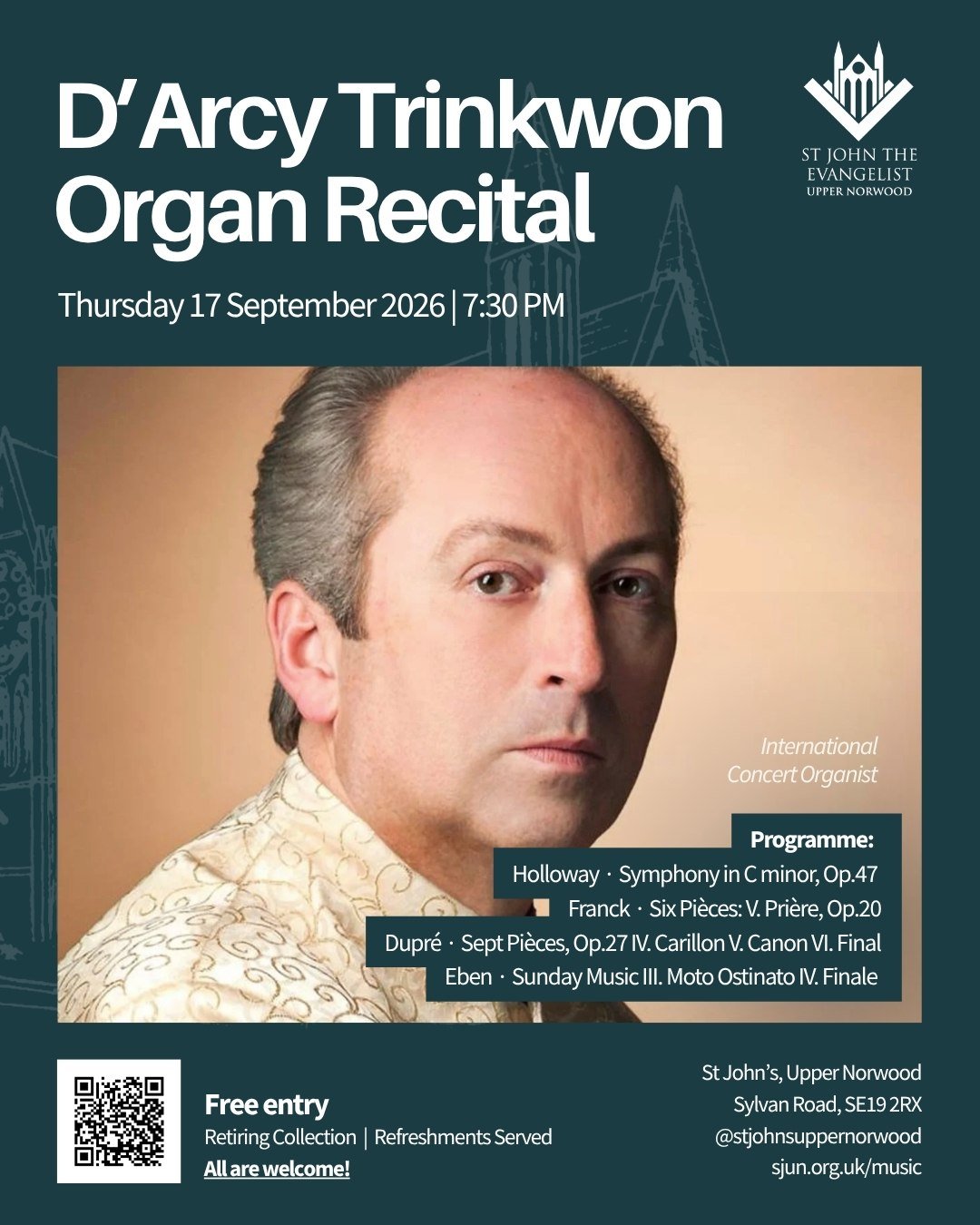 🎹 Two weeks to go! Join us on Thursday, 17 September at 7:30 PM for an organ concert with world-renowned concert organist D'Arcy Trinkwon at St John's, Upper Norwood (SE19 2RX). 🎶 

Programme includes:
🎼  Frederick Holloway &ndash; Symphony in C m