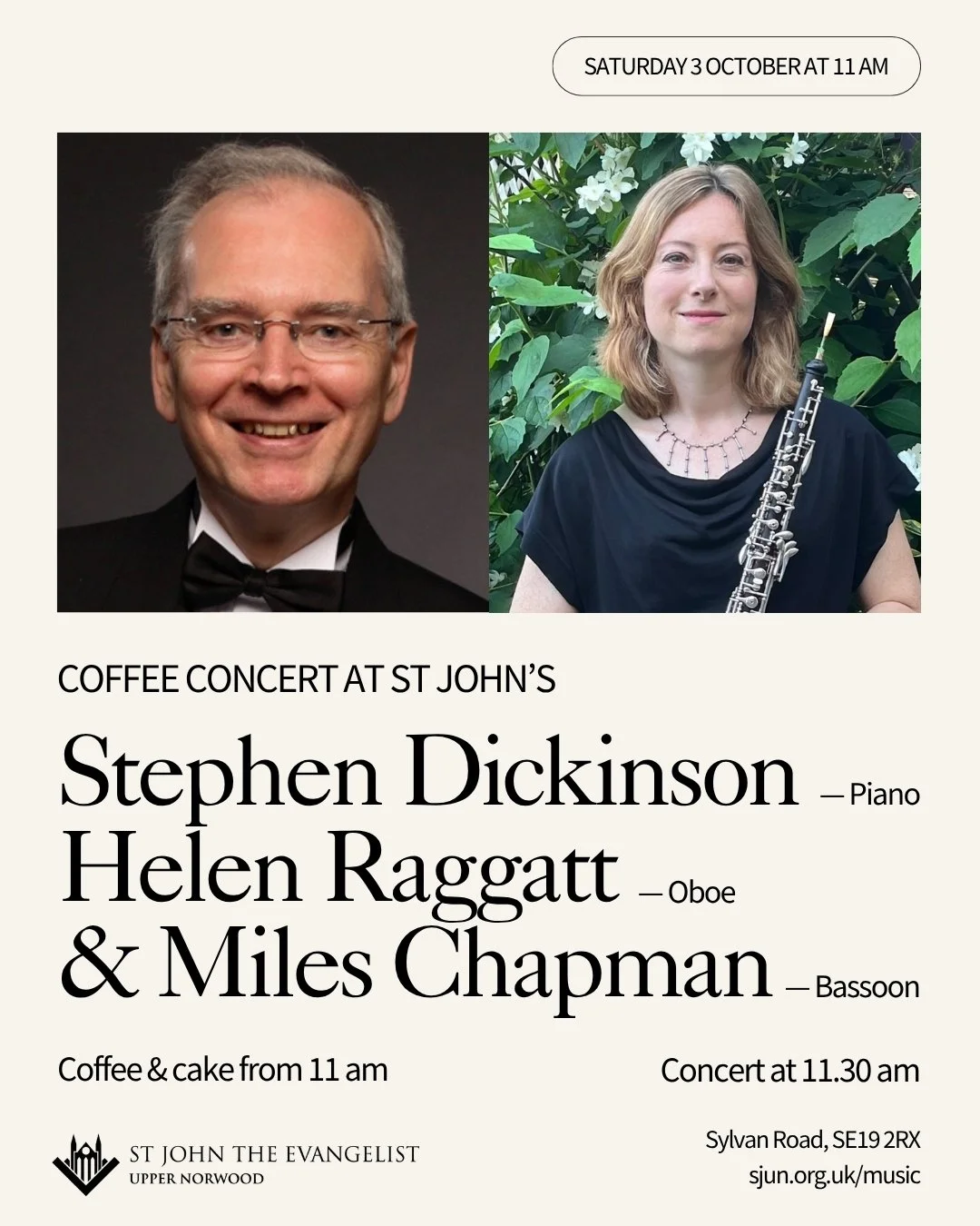 ☕🎶 Join us on Saturday 3 October at 11 am at St John's Upper Norwood for a Coffee Concert with Stephen Dickinson (piano), Helen Raggatt (oboe) and Miles Chapman (bassoon).

Expect a morning of oboe, bassoon and piano, featuring Previn's playful Trio