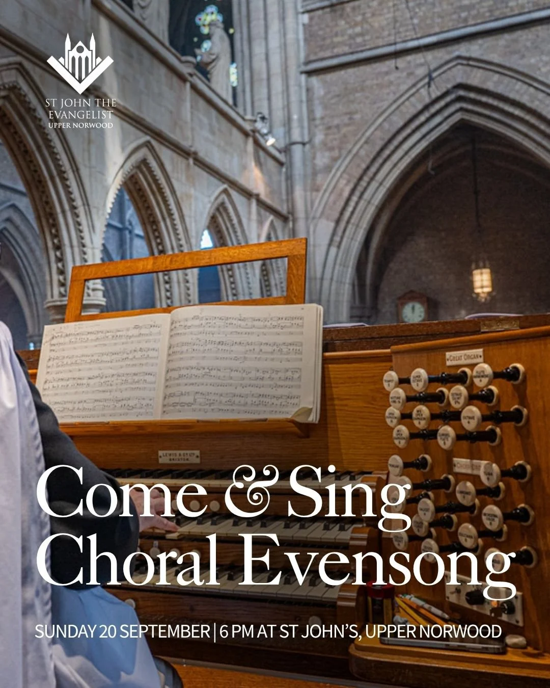 Join us this Sunday 20 September at St John's Upper Norwood for a Come &amp; Sing Choral Evensong - rehearsal at 4.30pm, service at 6pm, with coffee and cake in between!

🎶 Music: Wood's Oculi omnium, Clucas Responses, Stanford in B♭, and Wesley's B