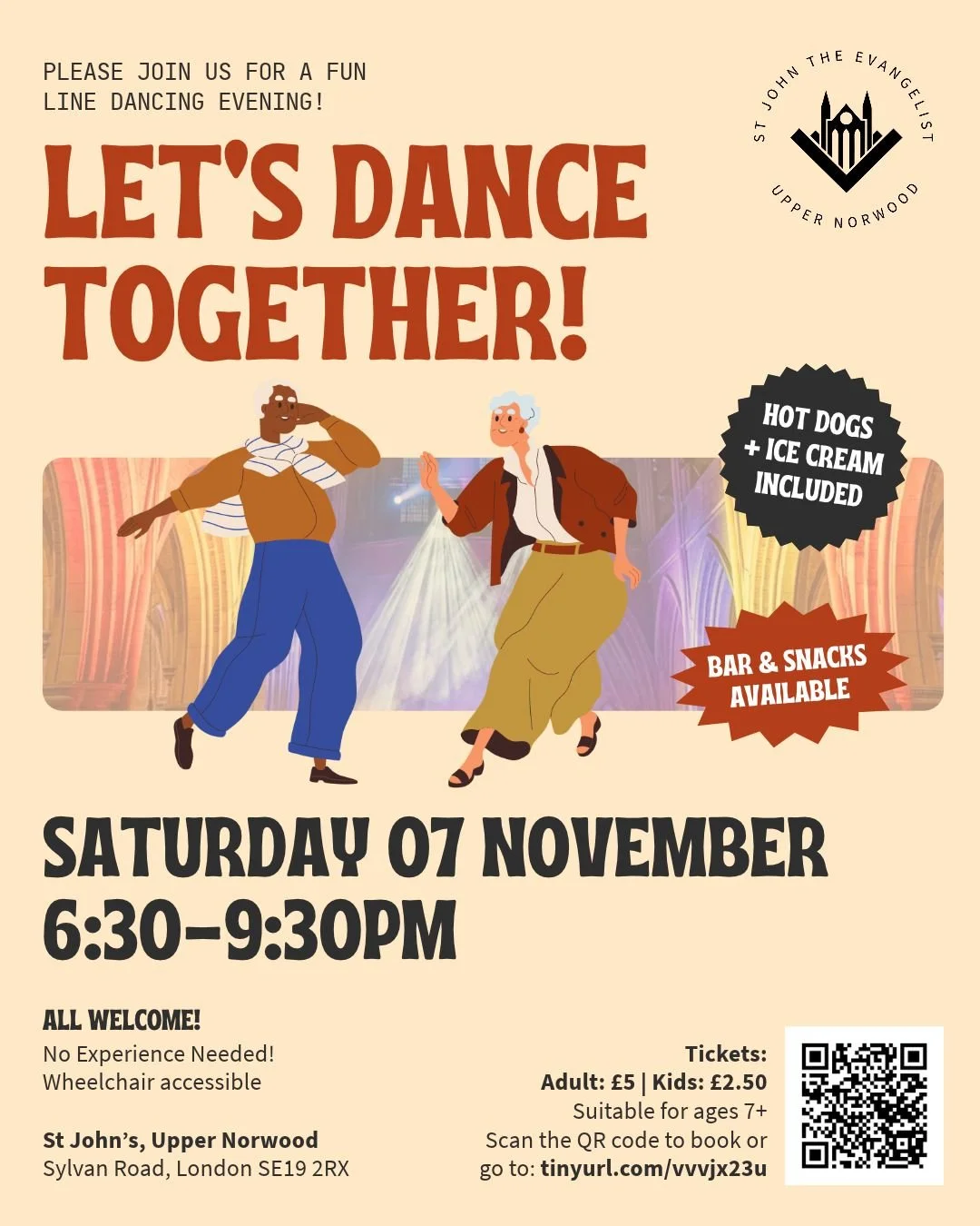 Join us for a fun line dancing evening at St John's on Saturday 7 November, 6:30-9:30pm! 💃🕺

Whether you're a seasoned line dancer or have never tried it, you're very welcome!

🌭 Hot dogs and ice cream included, with bar &amp; snacks available
🎟 