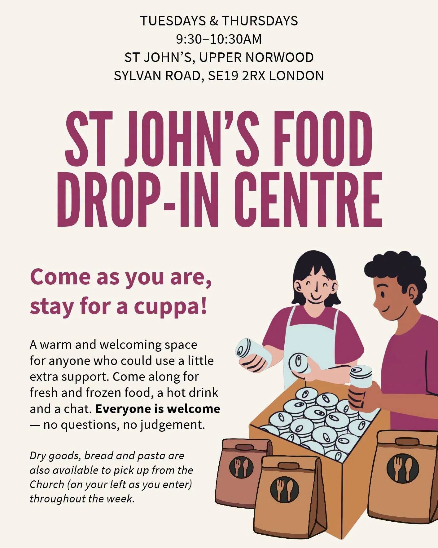 🥫 Did you know St John&rsquo;s has a food drop-in centre?

Pop in for a cuppa and help yourself to fridge and freezer items every Tuesday and Thursday, 9&ndash;10:30 AM. ☕ Hot drinks provided.

Find out more: sjun.org.uk/food-drop-in