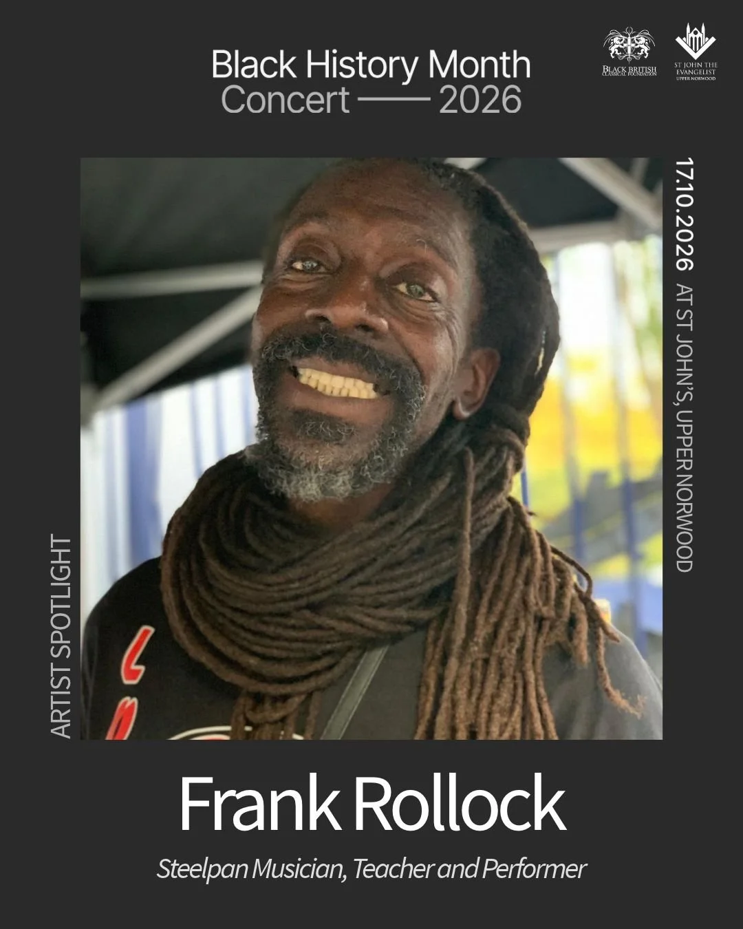 Artist spotlight ✨ Meet Frank Rollock, steelpan player.

With more than 55 years of experience performing and teaching, Frank is a member of the London All Stars Steel Orchestra, one of the UK&rsquo;s most respected steel bands and a repeat winner of