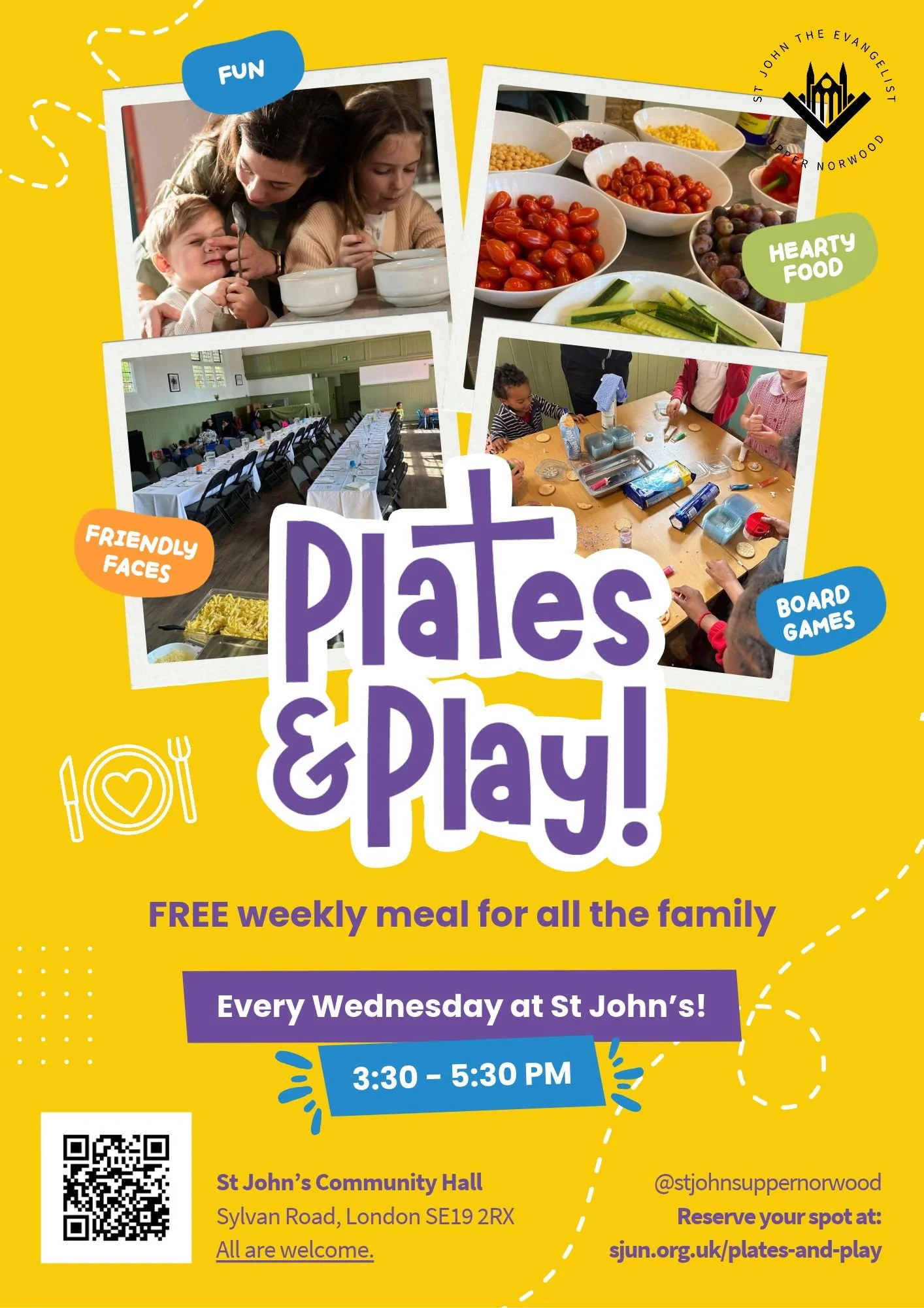 Free midweek meals for children and families at St John’s Upper Norwood, with games, crafts, and a warm, welcoming community every Wednesday afternoon.