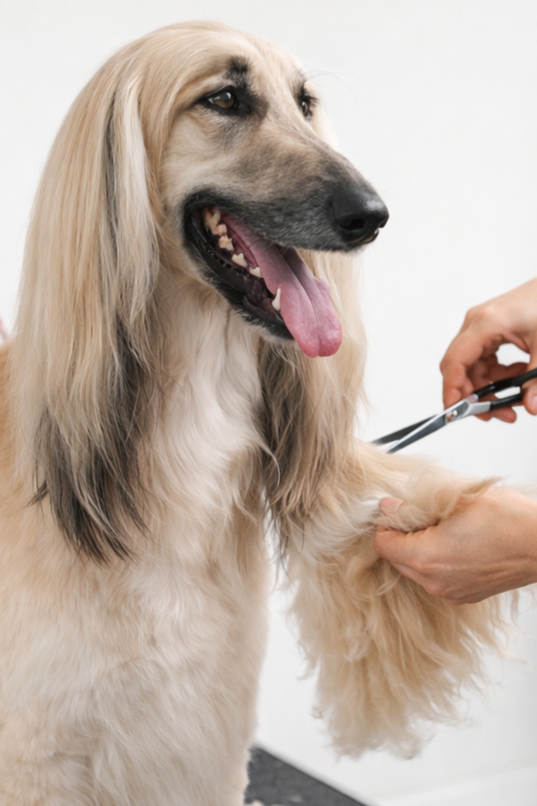 Un perro de raza gran danés en una clínica veterinaria siendo cortado el pelo por un profesional.