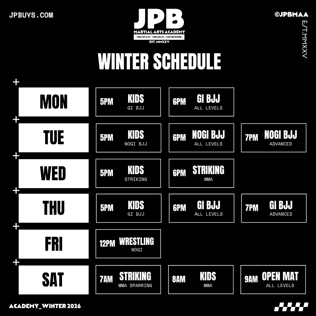 Martial arts academy winter schedule with classes for kids and adults, including gi bjj, nogi bjj, striking, wrestling, and open mat sessions from Monday to Saturday.