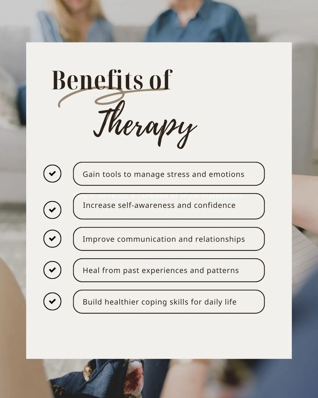 🌿 The benefits of therapy go far beyond just &ldquo;talking about your problems.&rdquo;
Therapy can be a place to explore who you are, gain tools to navigate life, and build healthier relationships with yourself and others.

✨ In therapy, you can&he