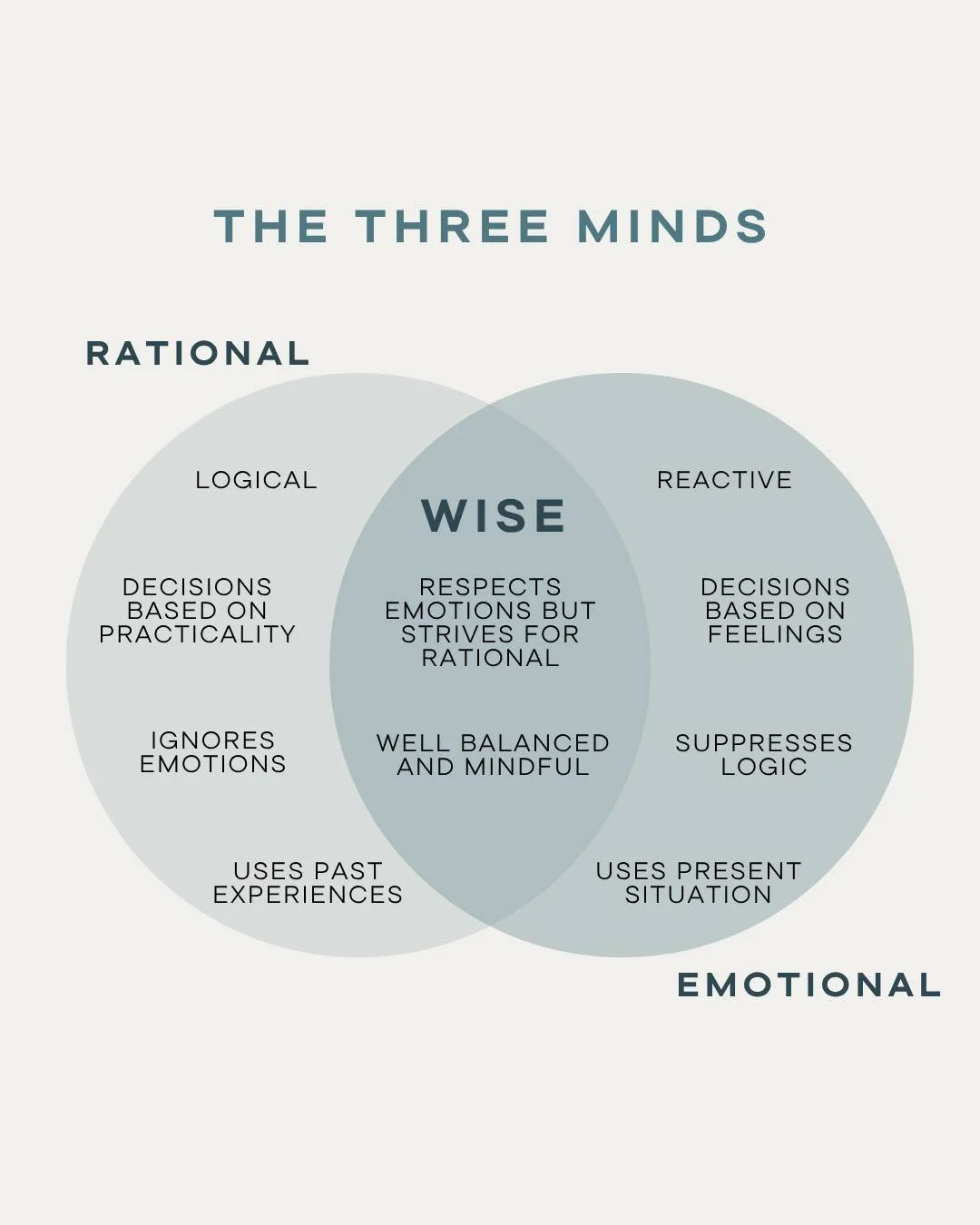 Ever feel torn between what your head says and what your heart feels?

This is where Wise Mind lives &mdash; the balance between logic and emotion.

In DBT (Dialectical Behavior Therapy), we talk about the Three Minds:
🧠 Rational Mind &mdash; practi