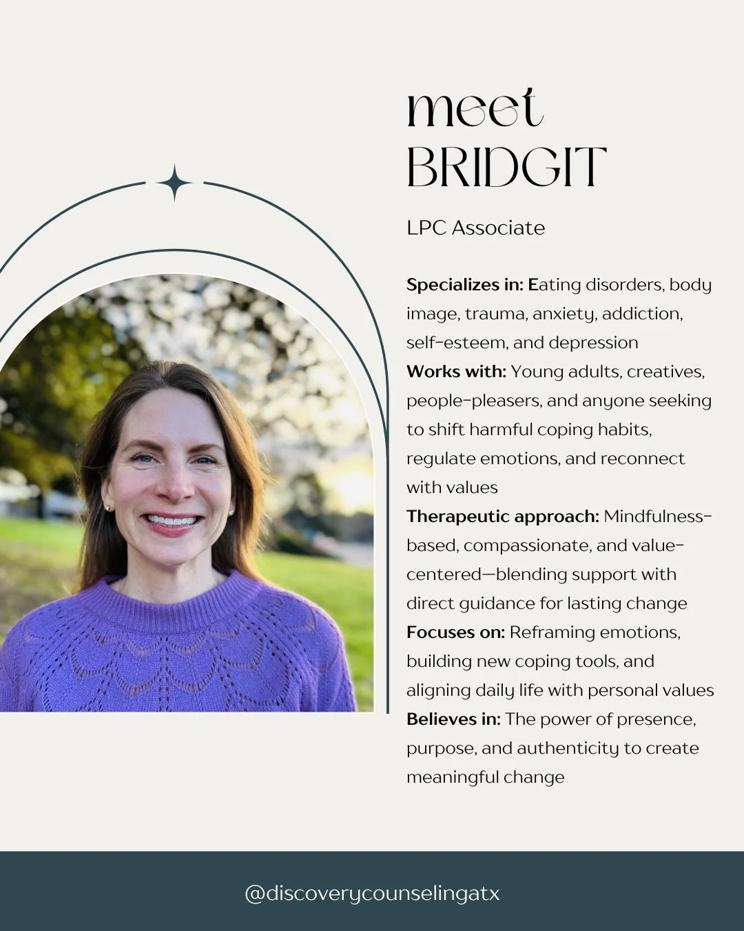 🌿 Meet Bridgit Lakoski, LPC 🌿

Bridgit works with young adults, creatives, and anyone ready to shift harmful coping habits, regulate emotions, and reconnect with their values. She specializes in eating disorders, body image, trauma, anxiety, and se