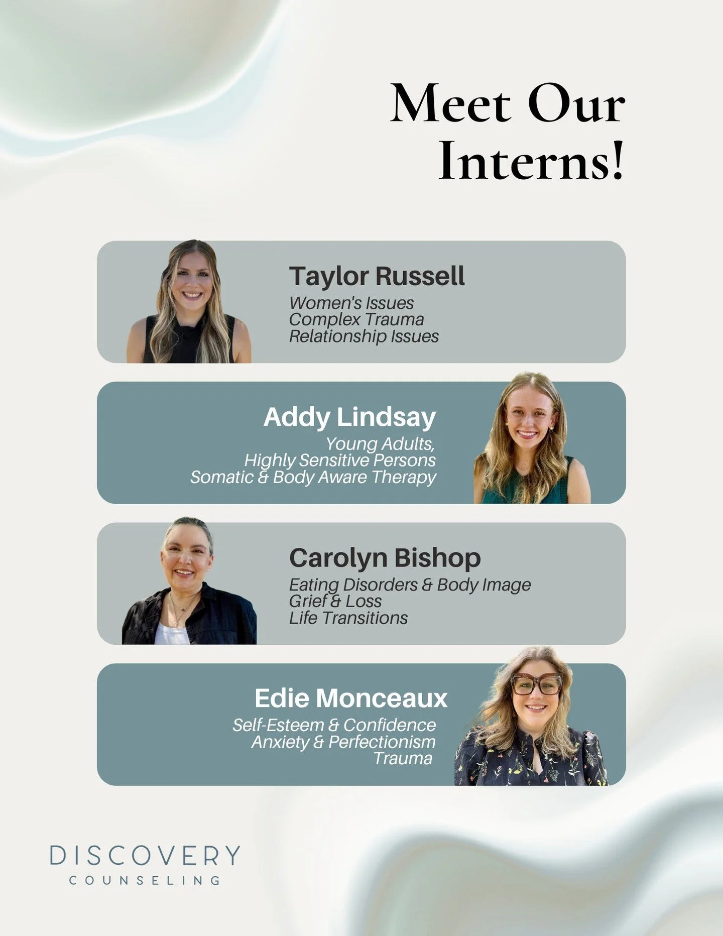 ✨ Meet the Interns! ✨

We&rsquo;re so excited to introduce the next generation of therapists-in-training here at Discovery Counseling Austin. Our amazing graduate interns bring fresh perspectives, big hearts, and a passion for supporting clients as t