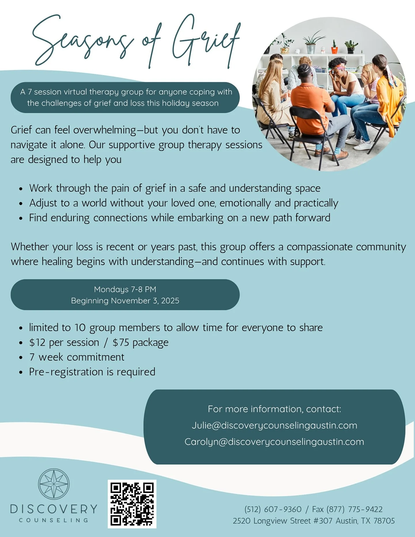 The holidays can be especially heavy when you&rsquo;re grieving. Whether your loss is recent or from years past, you don&rsquo;t have to navigate it alone.

Join Julie and Carolyn for a 7-week virtual grief support group beginning November 3. Togethe