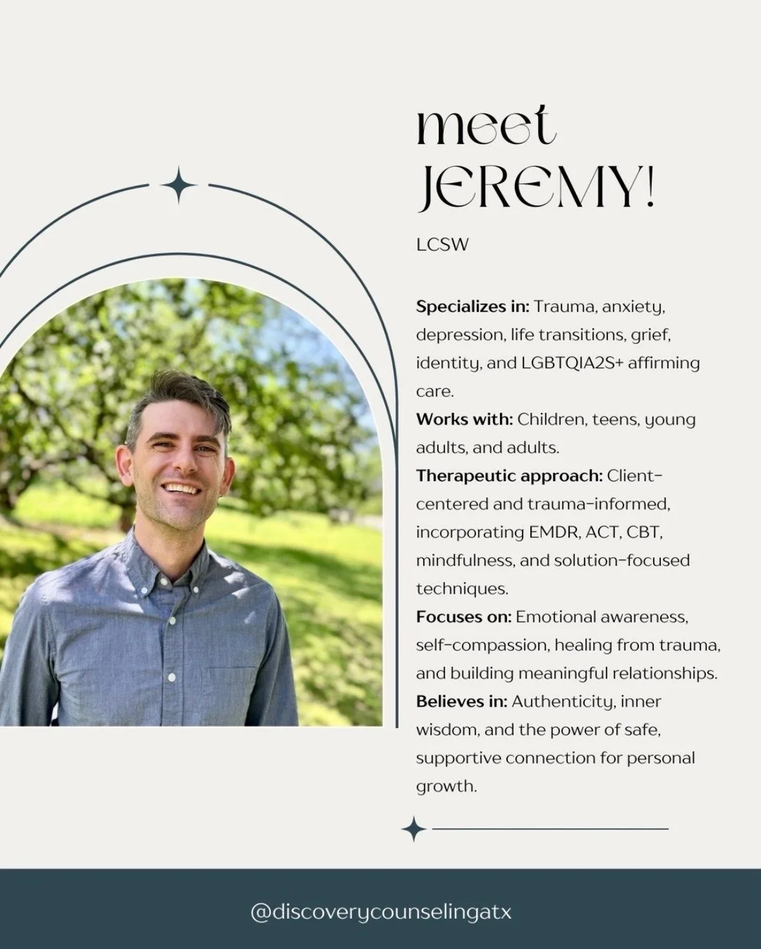 Meet Jeremy Bennick, LCSW , one of the compassionate therapists here at Discovery Counseling Austin.
Jeremy creates a space where clients can explore their experiences with openness and care. He specializes in working with teens, young adults, and a