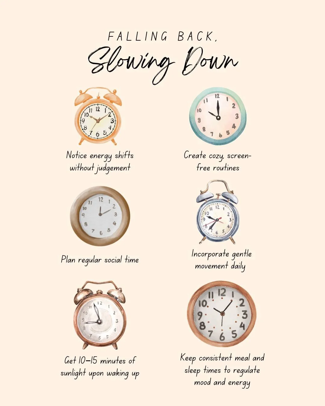 As we “fall back” next weekend, consider it an invitation to slow down too. 🍂
The shorter days and longer nights can shift our energy and mood - and that’s okay. You don’t have to keep the same pace all year. This season is