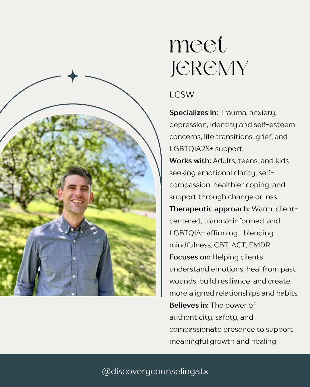 Meet Jeremy Bennick - one of our deeply compassionate, trauma-informed clinicians!

Jeremy supports clients in understanding their emotions, healing past wounds, and building self-compassionate ways of moving through the world. His approach is warm, 