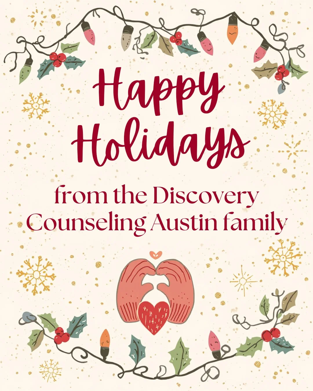 Happy holidays from the Discovery Counseling Austin family to yours. ✨

We&rsquo;re grateful for the trust you place in us and honored to be part of your journey toward healing, growth, and wellbeing.
Wishing you a season filled with rest, connection