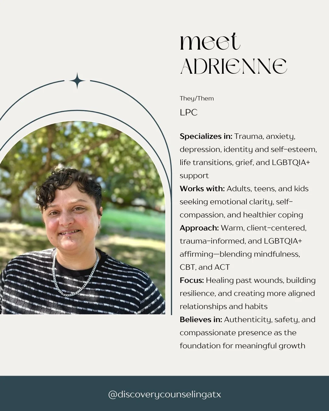 Meet Adrienne! ✨

Adrienne specializes in trauma, anxiety, depression, life transitions, grief, identity, and LGBTQIA+ support. They work with adults, teens, and kids to help them build resilience, heal from past wounds, and create more aligned relat