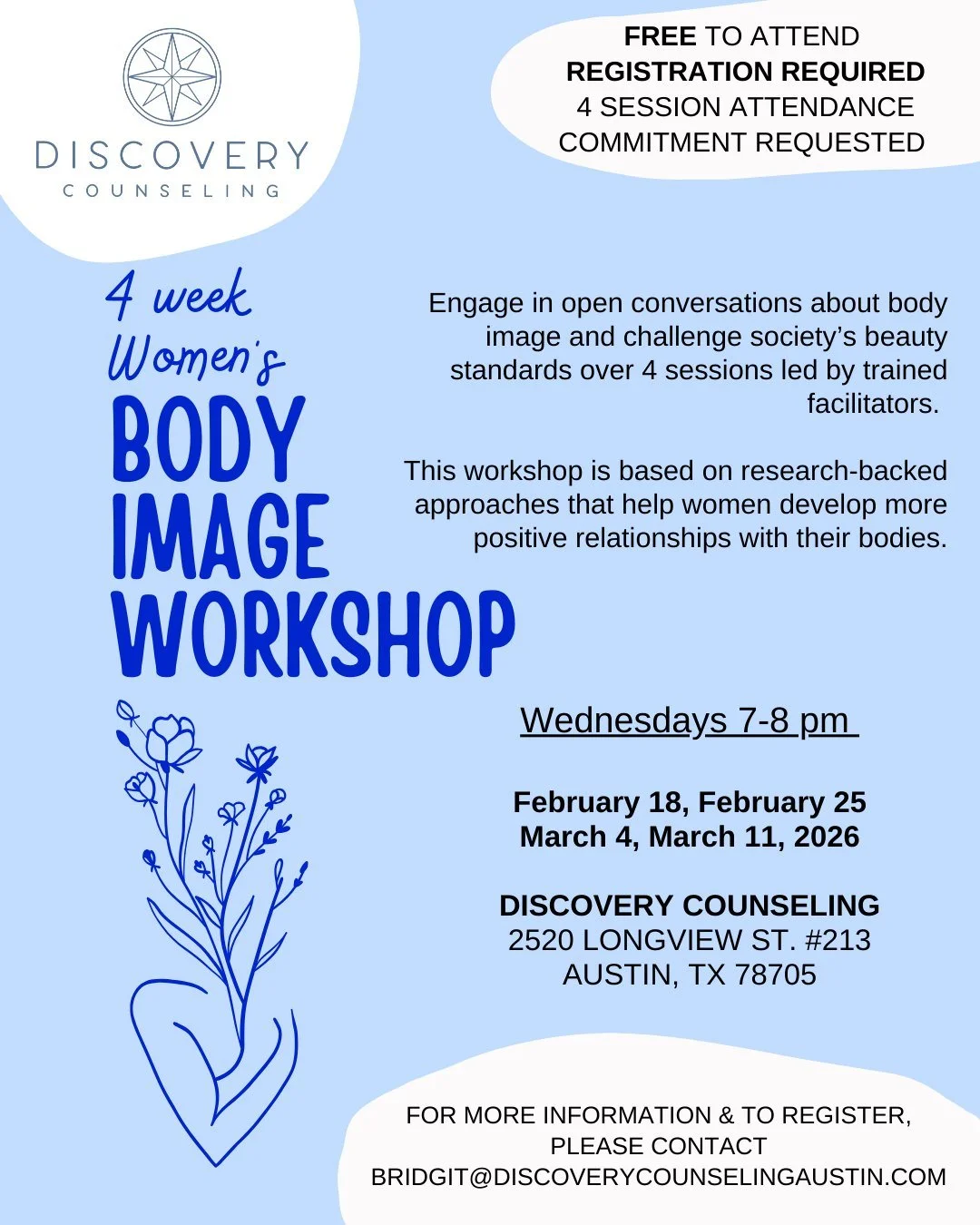 NEW GROUP ALERT!

Ready to build a more positive relationship with your body image in 4 weeks? Join our 4-week Body Image Workshop, designed to promote body acceptance through
research-backed discussions and led by trained facilitators. *This is not 
