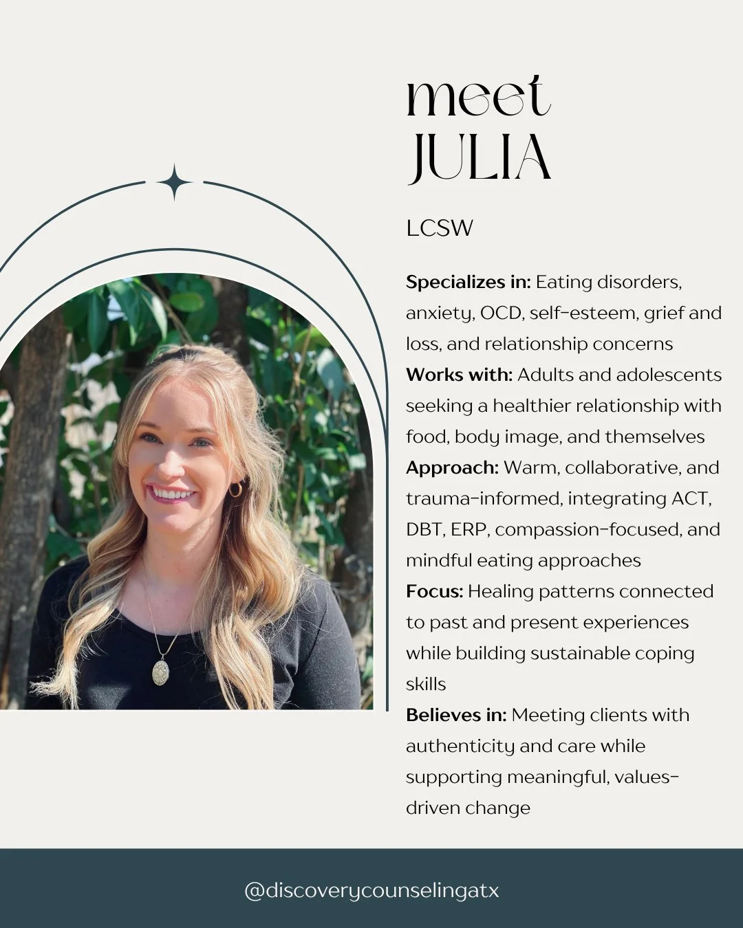 Healing your relationship with food and your body isn&rsquo;t about willpower, it&rsquo;s about compassion, support, and understanding the patterns that shaped you. 

Julia works with adults and adolescents navigating eating disorders, anxiety, OCD, 
