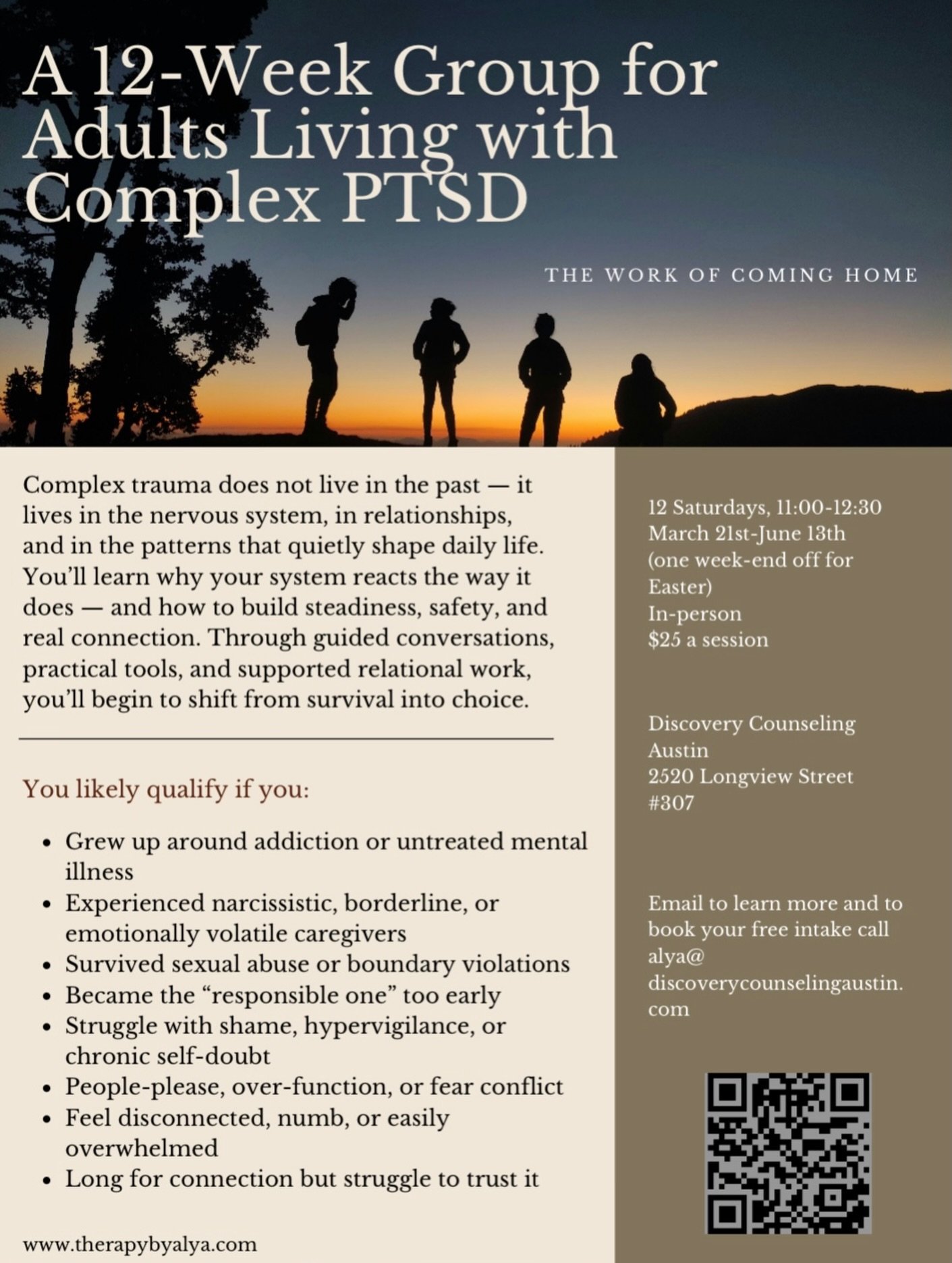 🚨NEW GROUP ALERT 🚨

Healing from complex trauma doesn&rsquo;t happen in isolation. It happens in safe spaces, with people who understand. 

This 12-week group is for adults living with complex trauma who want to better understand their nervous syst