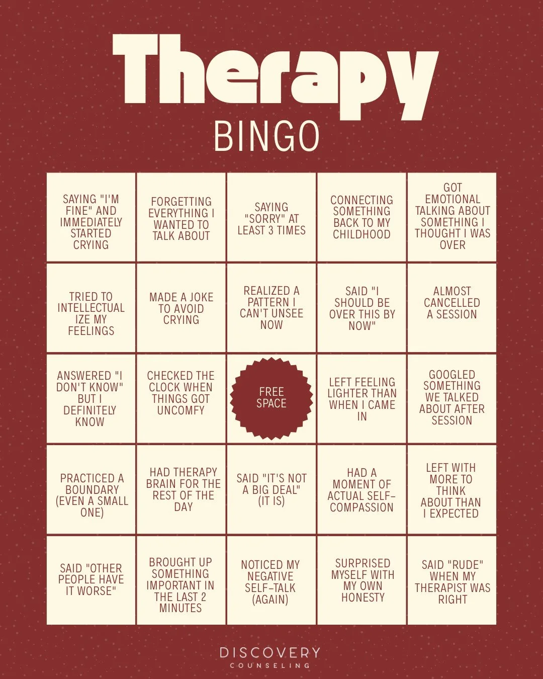 Therapy isn&rsquo;t always breakthroughs and big realizations&hellip; sometimes it&rsquo;s nervous laughs, &ldquo;I don&rsquo;t know,&rdquo; and accidentally unpacking your entire childhood in 50 minutes. 

How many can you check off? Be honest.

(An