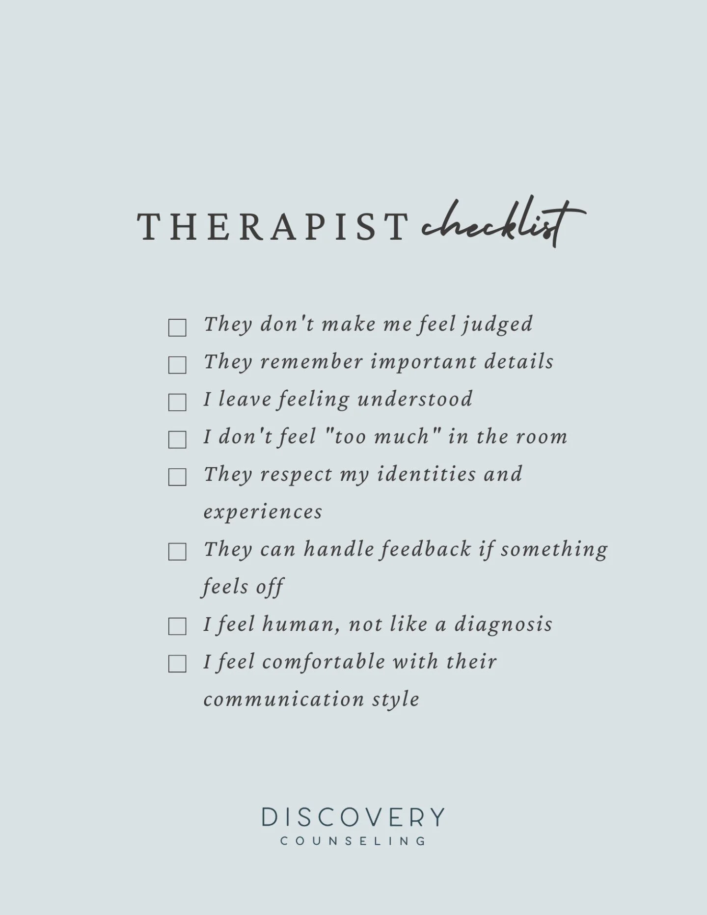 Finding the right therapist is a lot like dating - the right fit matters. You deserve to feel safe, heard, respected, and challenged in a way that helps you grow.

It&rsquo;s okay to ask questions. It&rsquo;s okay to trust your gut. And it&rsquo;s de