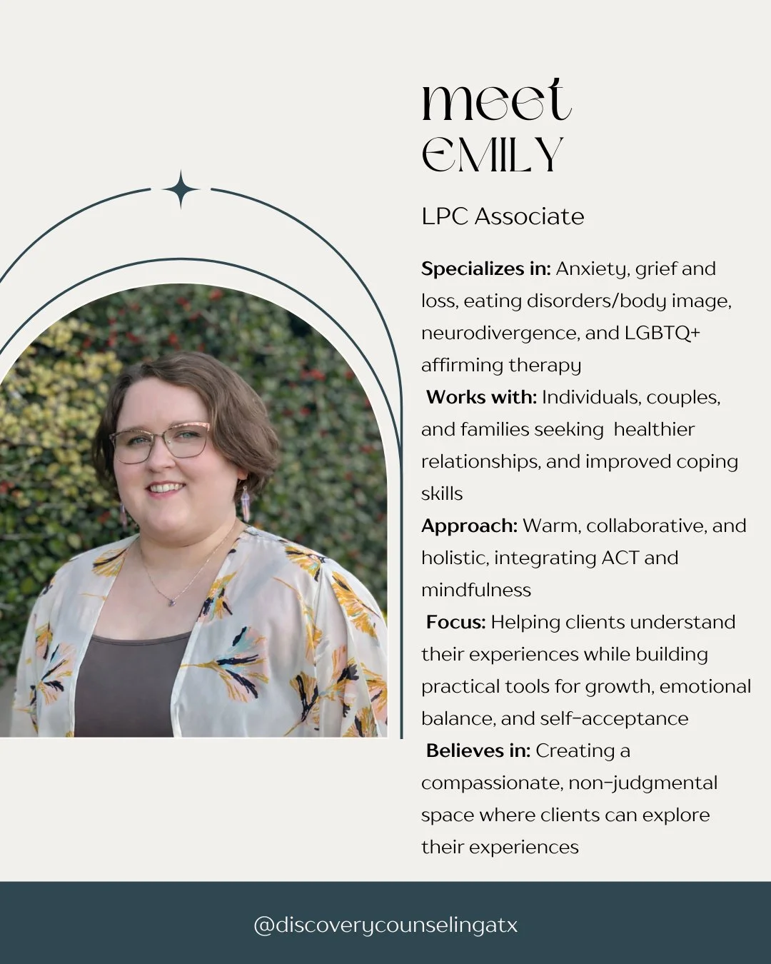 Everyone, meet Emily! Emily is passionate about helping clients navigate anxiety, grief, life transitions, and relationship challenges while building confidence and healthier ways of coping. Her warm, collaborative style helps clients feel supported 