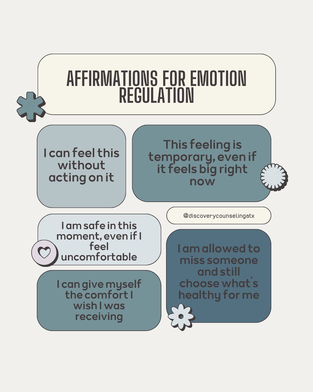 Big emotions aren&rsquo;t a problem to fix - they&rsquo;re experiences to move through.

Emotion regulation isn&rsquo;t about shutting feelings off, it&rsquo;s about learning how to stay with yourself while they pass.

Save these affirmations for the