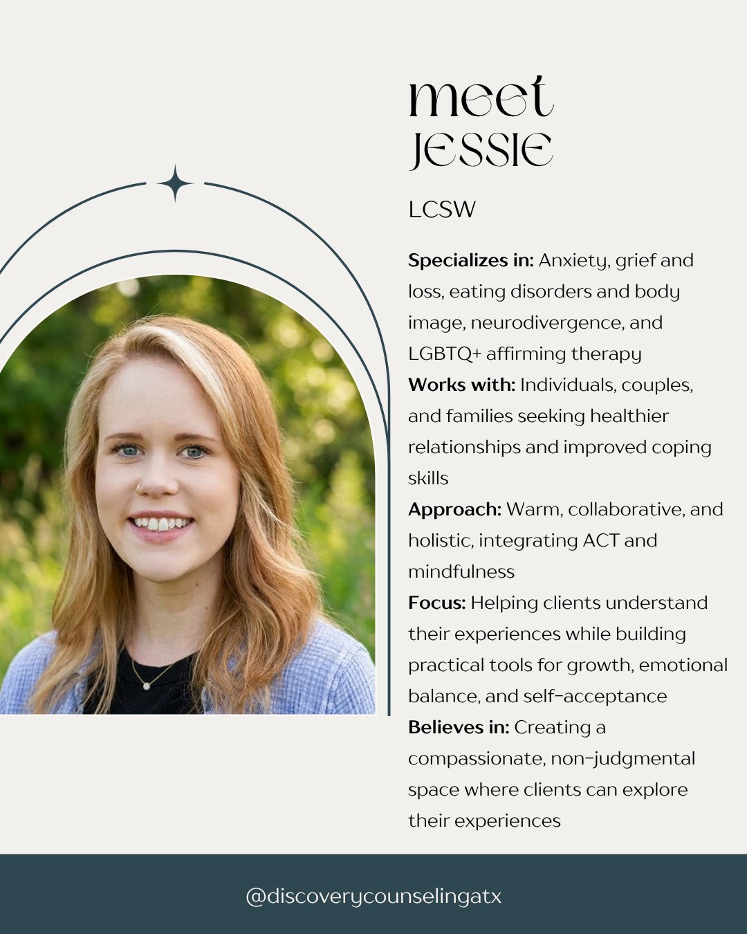 Meet our newest clinician, Jessie!

Jessie offers a warm, collaborative space where you can show up exactly as you are - no judgment, no pressure to have it all figured out. Whether you&rsquo;re navigating anxiety, grief, body image concerns, or expl