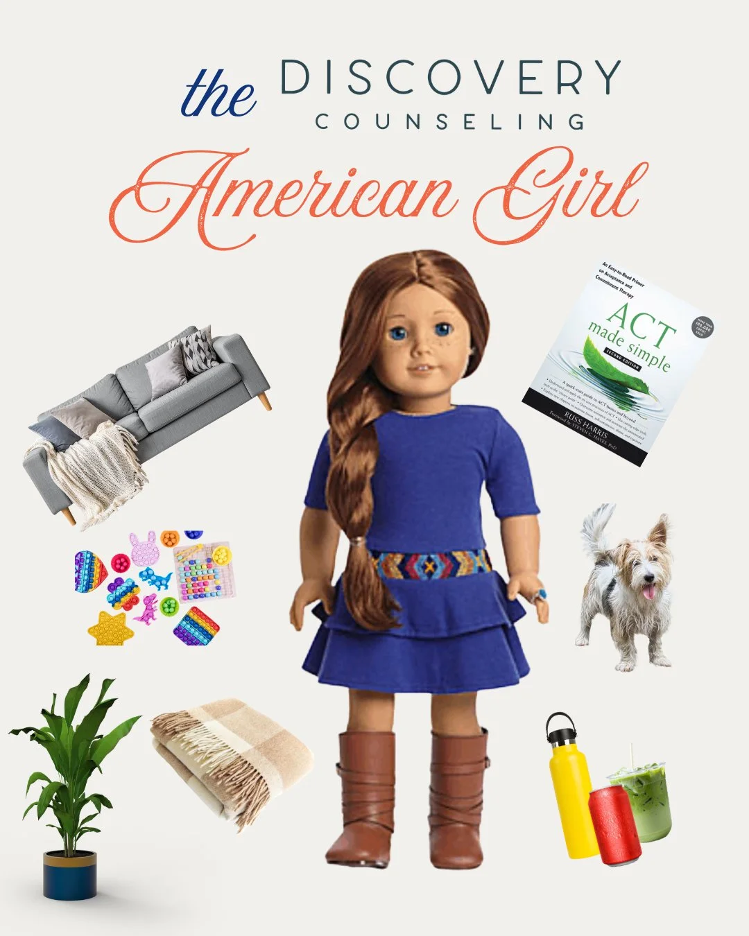 Meet the Discovery Counseling Austin American Girl Doll 💛✨

She comes equipped with:
🛋️ a therapy couch
📚 ACT skills and values work
🐶 office pet companionship
🪴 emotional support plants
🥤 multiple beverages at all times
🧸 fidgets for groundin