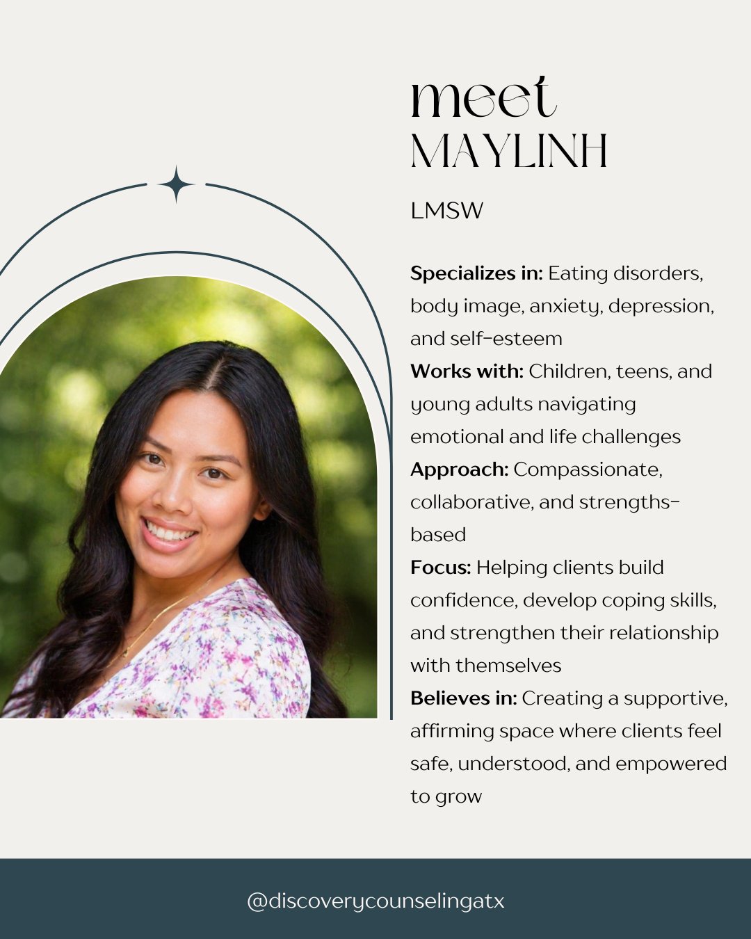 Meet MayLinh 🤍

MayLinh is passionate about helping children, teens, and young adults navigate life's challenges with greater confidence and self-compassion. Whether you're struggling with anxiety, self-esteem, body image concerns, or feeling overwh
