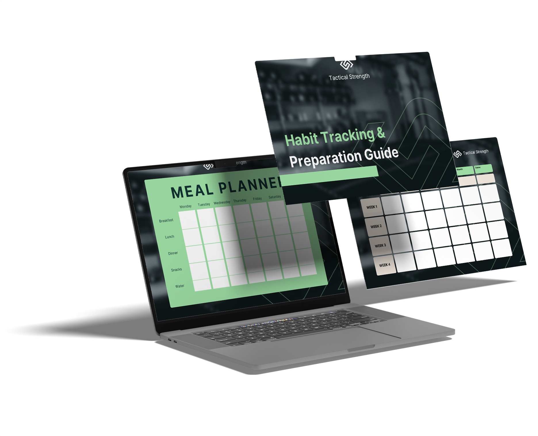Digital display showing a meal planner, habit tracking guide, and weekly planning charts on a laptop screen and floating paper sheets.