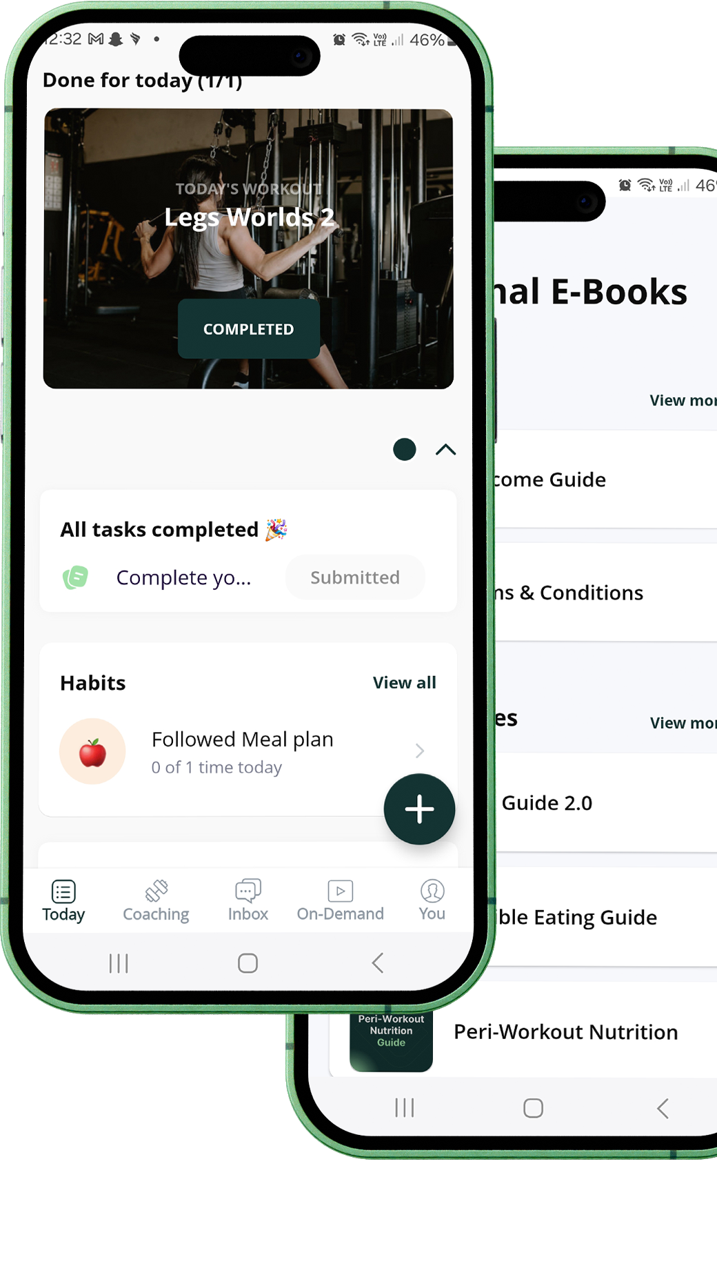 Smartphone screen showing a fitness app interface with a completed workout, task summaries, and habits tracking. Image of a person exercising in the background.