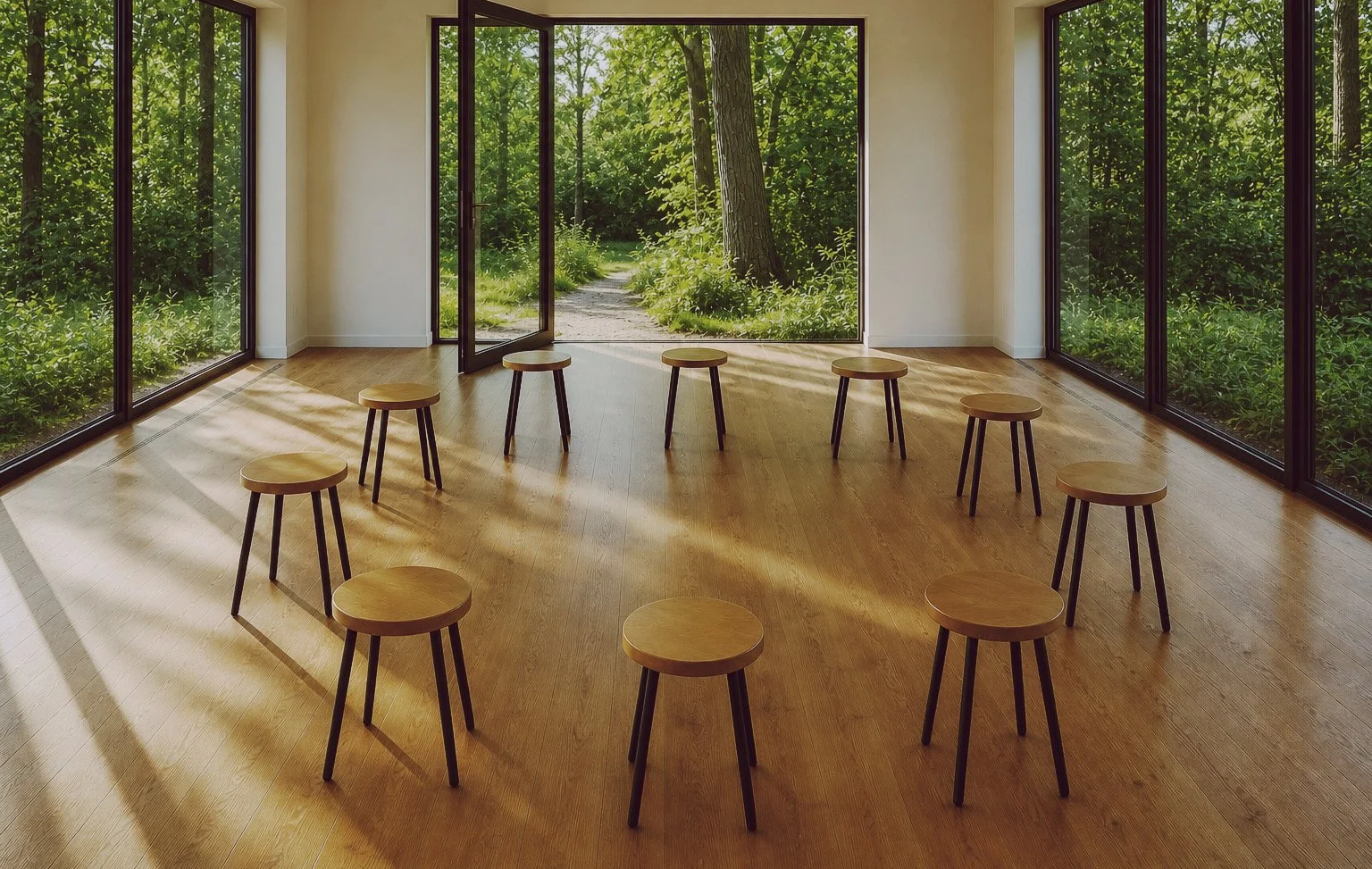 Gruppenraum. Ein lichtdurchfluteter Raum mit Holzboden und großen Fensterfronten, die eine grüne Waldlandschaft sichtbar machen. Im Raum stehen neun Hocker in einem Kreis.
