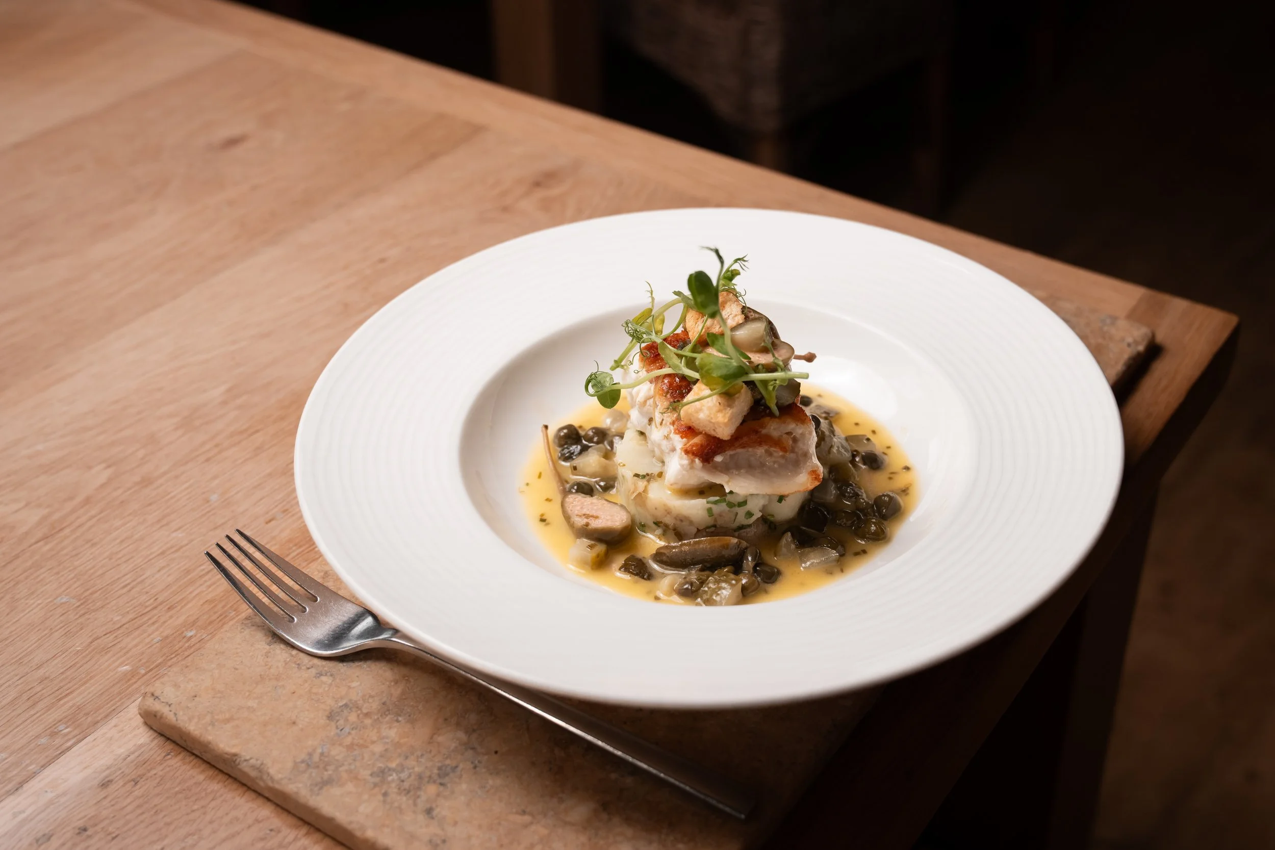 Pan roasted Jersey Dover sole with crushed Jersey Royals and sauce Grenoble by Mark Jordan 