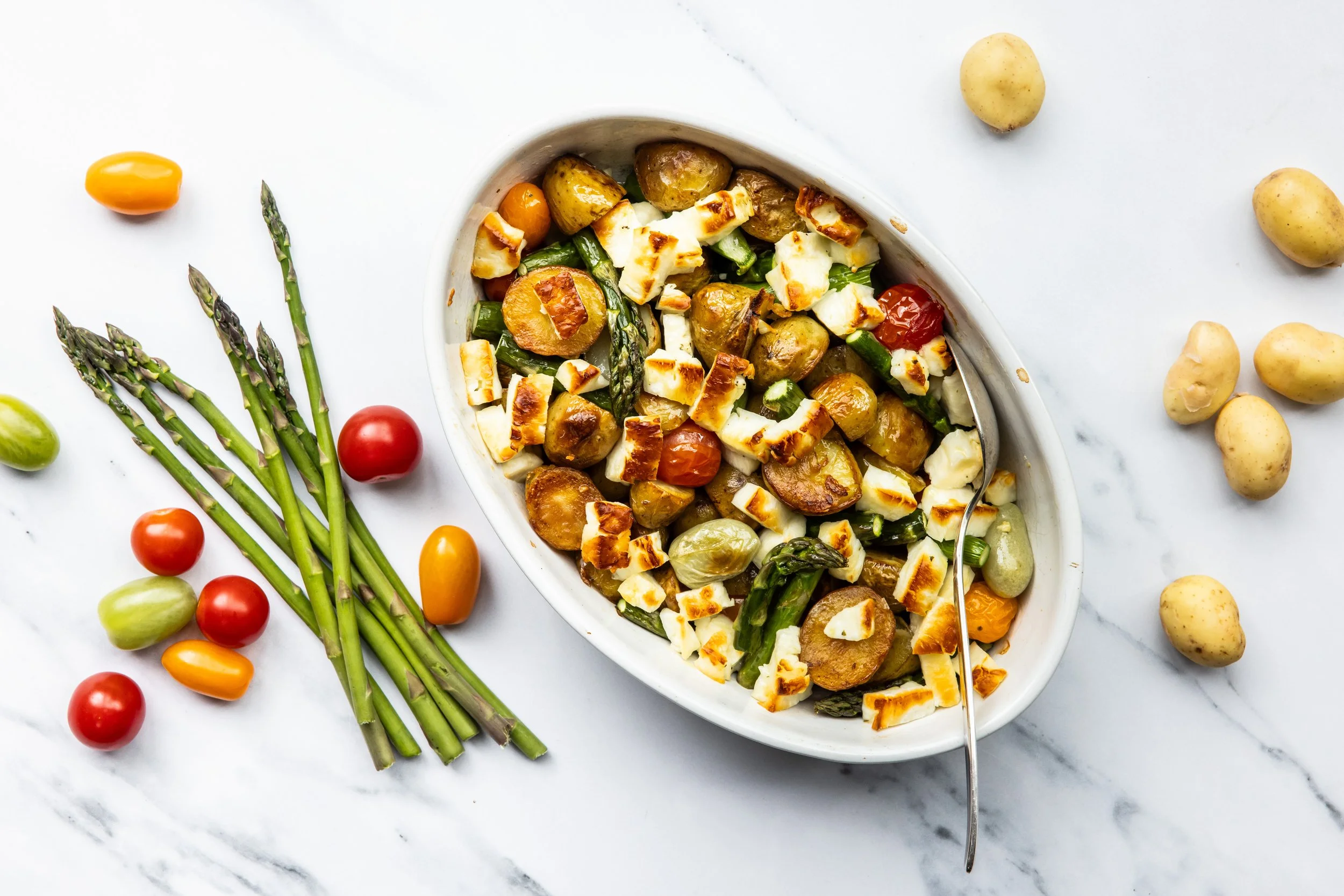 Jersey Royal, Asparagus &amp; Tomato Tray Bake
