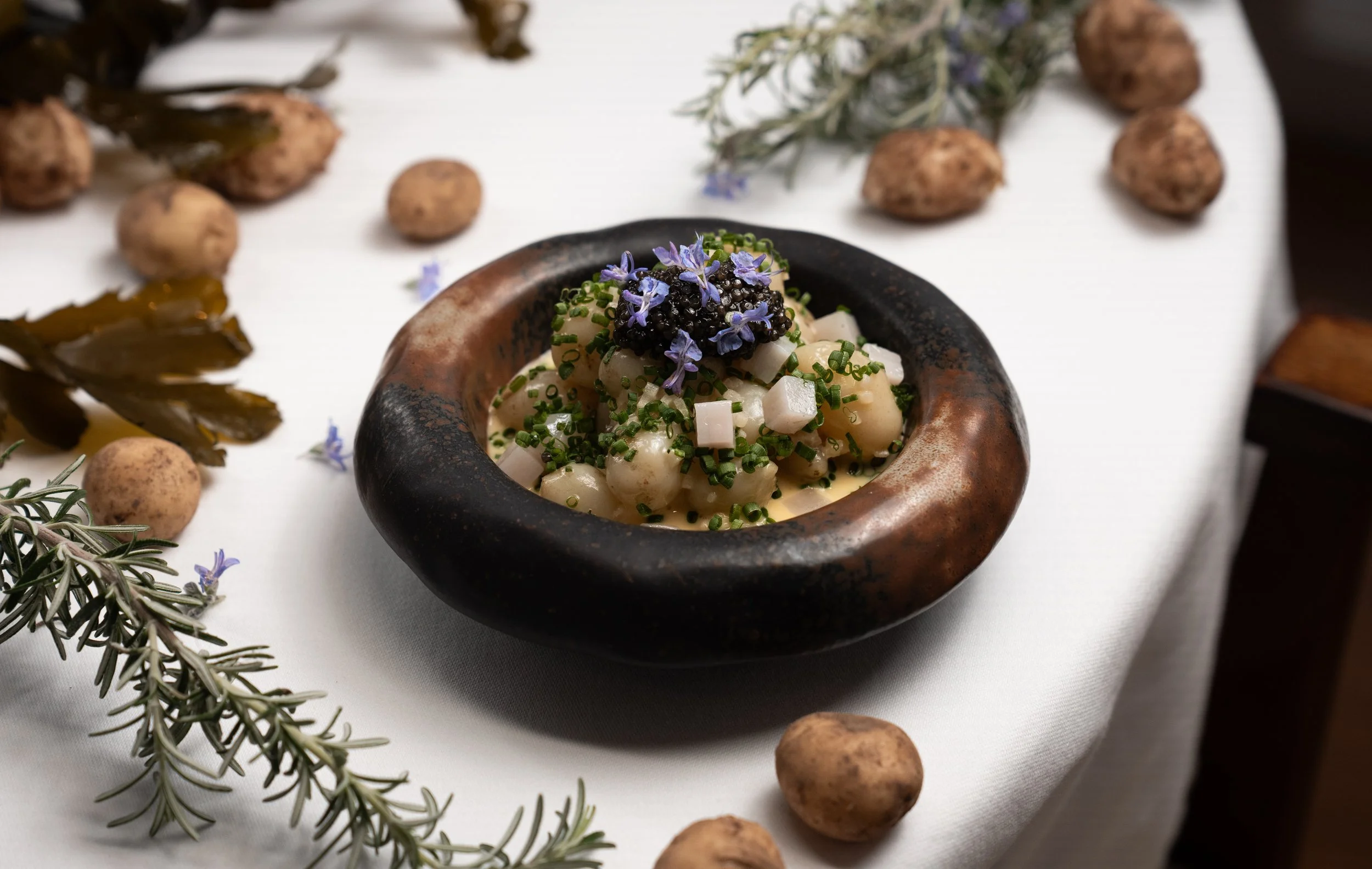 Jersey Royal Pearls with Chive Beurre Blanc, Lardo, and Caviar