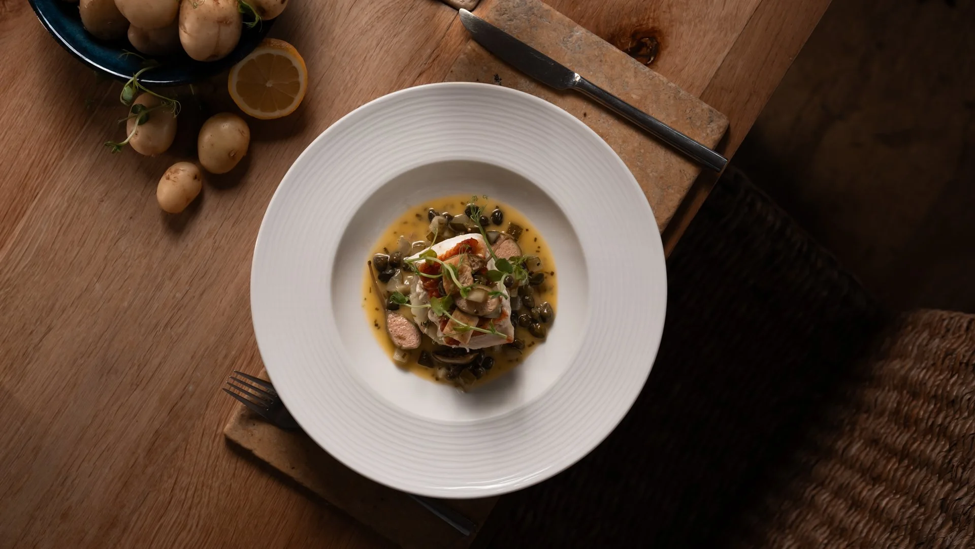 Pan roasted jersey Dover sole with crushed jersey royals and sauce Grenoble