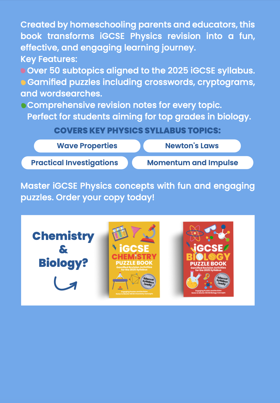 Back cover of the iGCSE Physics Puzzle and Revision Book featuring light revision notes, key physics topics, and puzzle-based learning for iGCSE exam preparation.