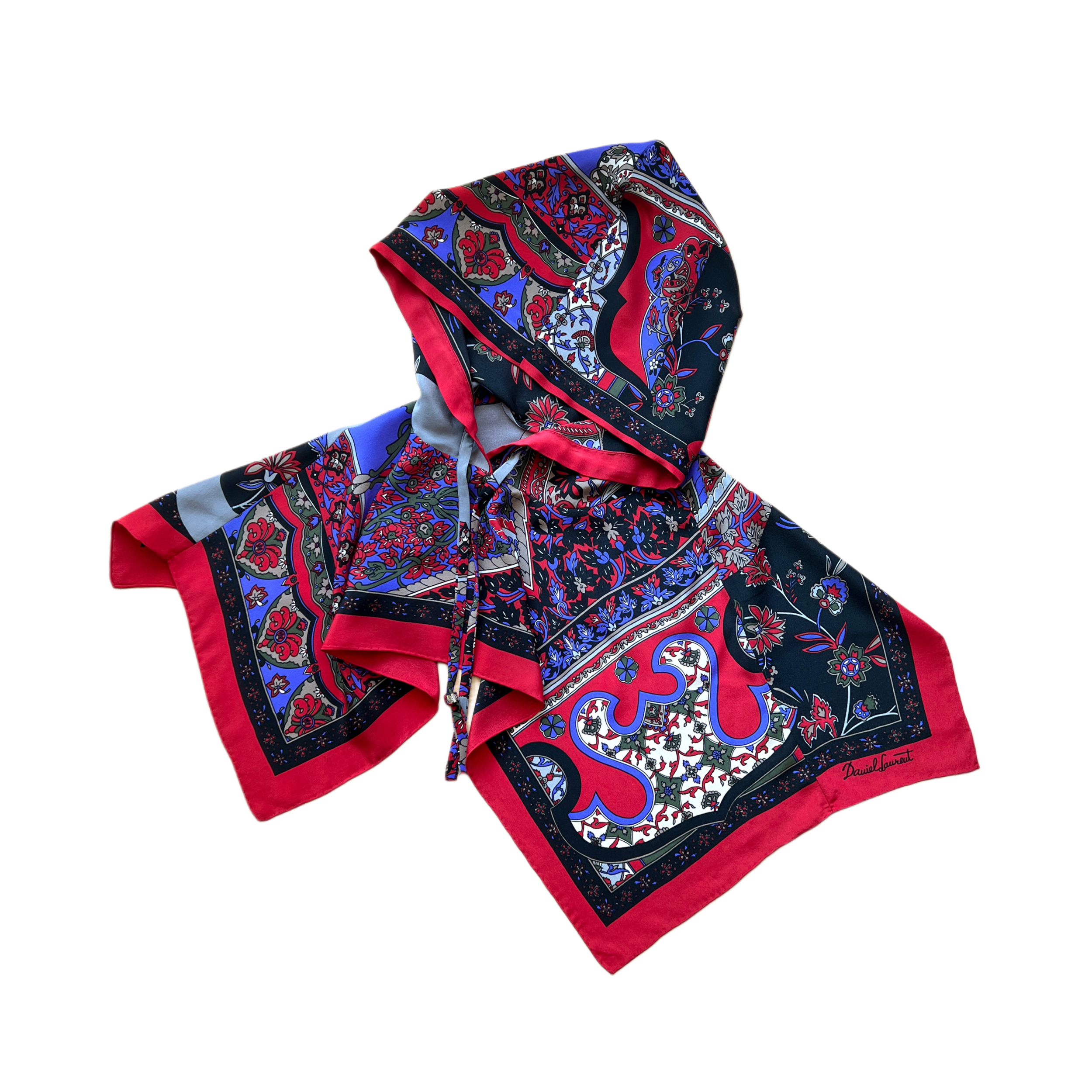 SILK SCARF HOOD - RED/PURPLE PAISLEY