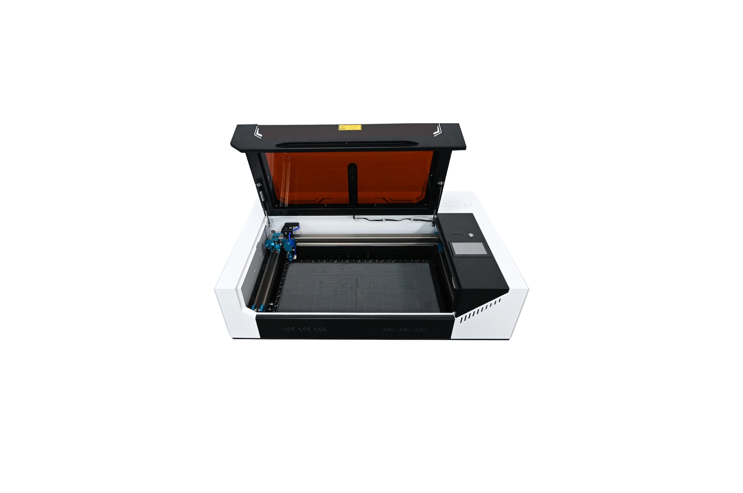 A desktop laser engraver with a transparent lid is situated on a wheeled stand.