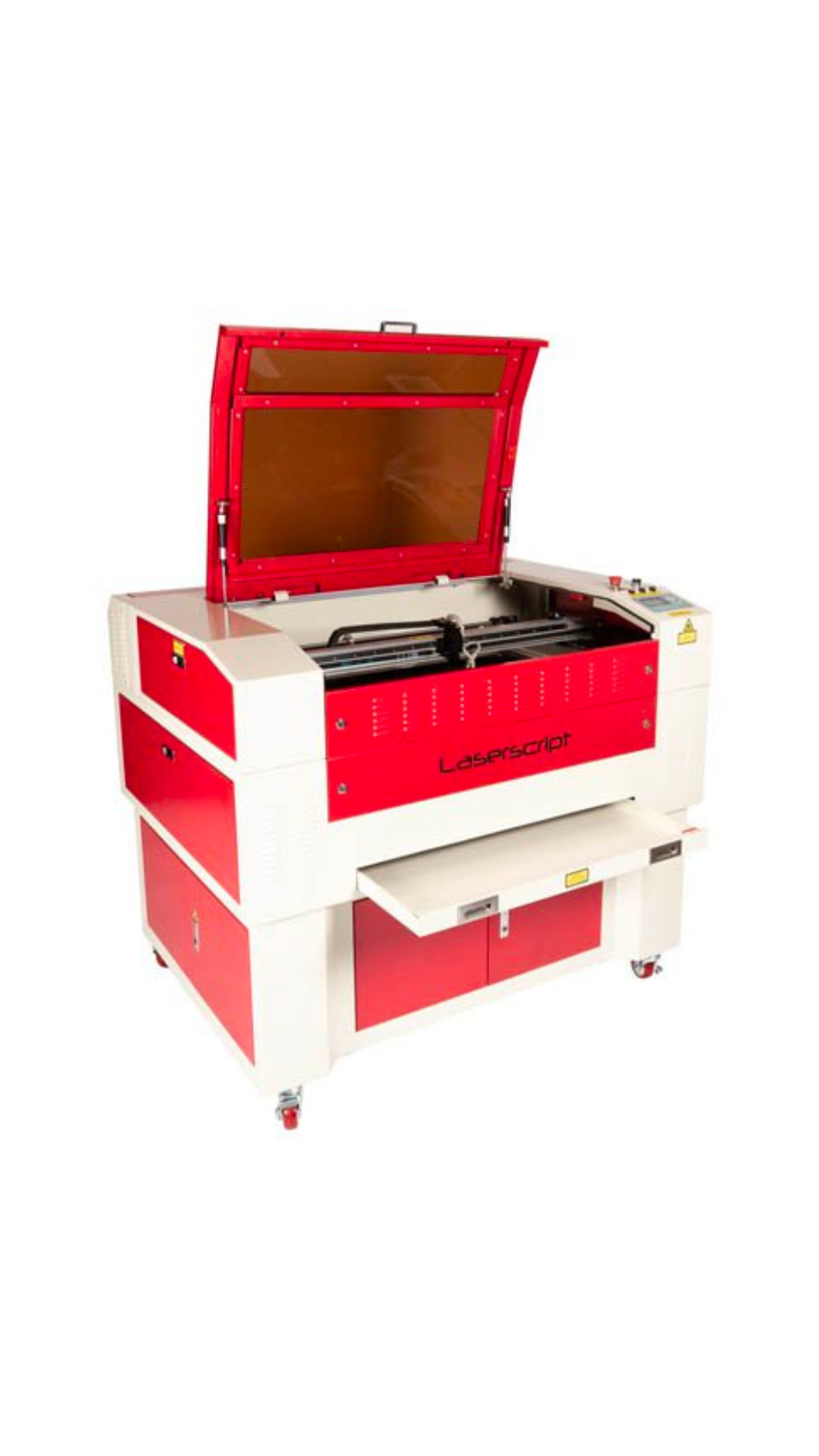 Red and white laser cutting machine with an open lid, branded 'Laserscript'.