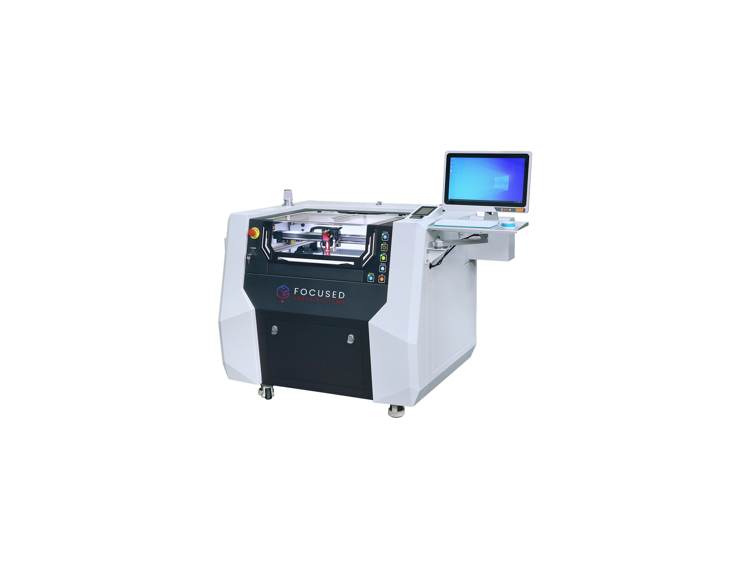 White laser marking machine with an open lid and control panel, on a white background.