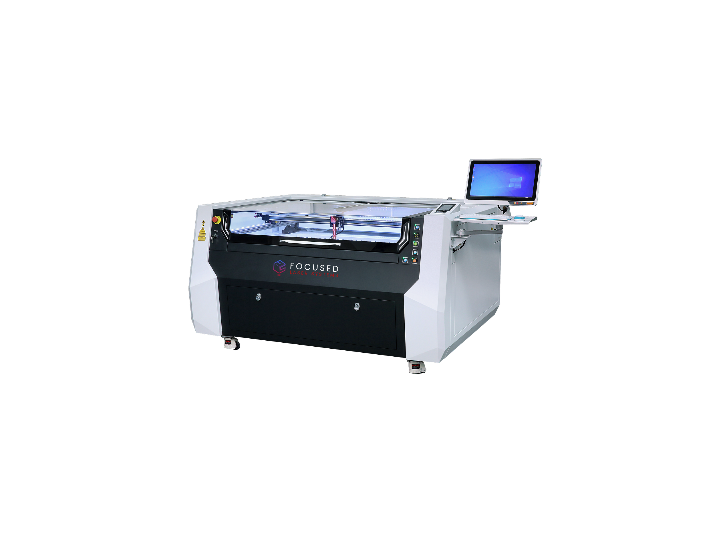 Laser cutting machine with an open lid, white and gray body, and a control panel on the right side.